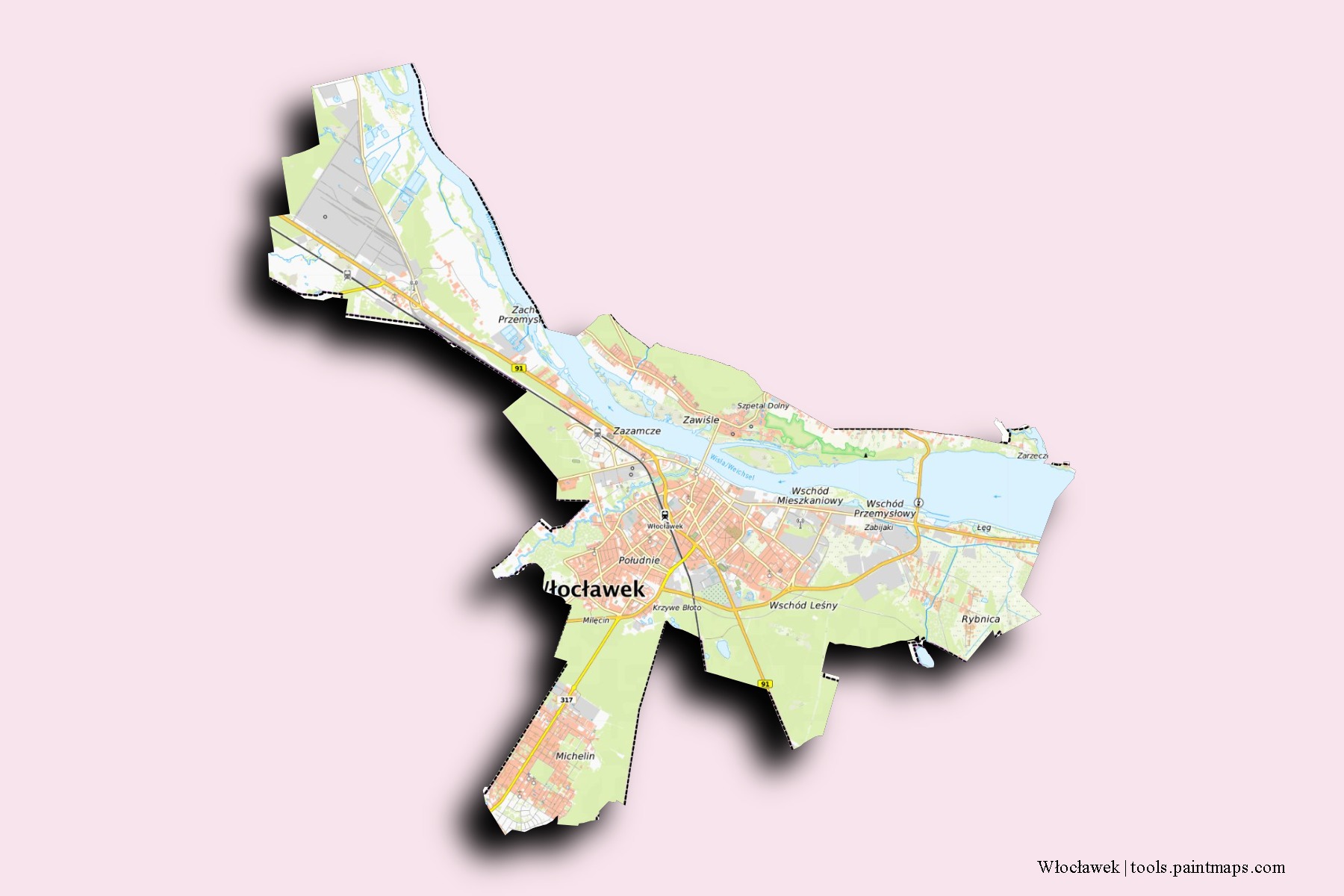 Włocławek neighborhoods and villages map with 3D shadow effect