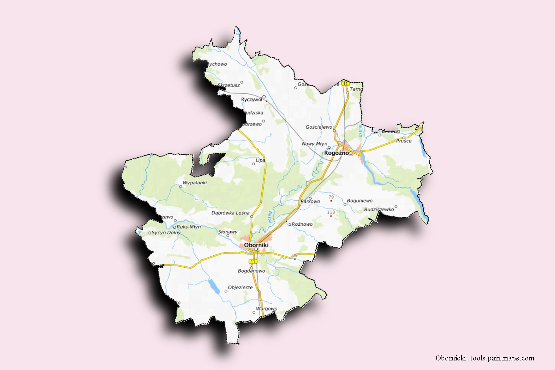 Mapa de barrios y pueblos de Obornicki con efecto de sombra 3D