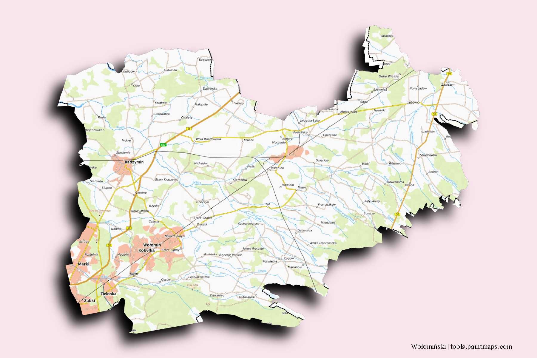 3D gölge efektli Wołomiński mahalleleri ve köyleri haritası