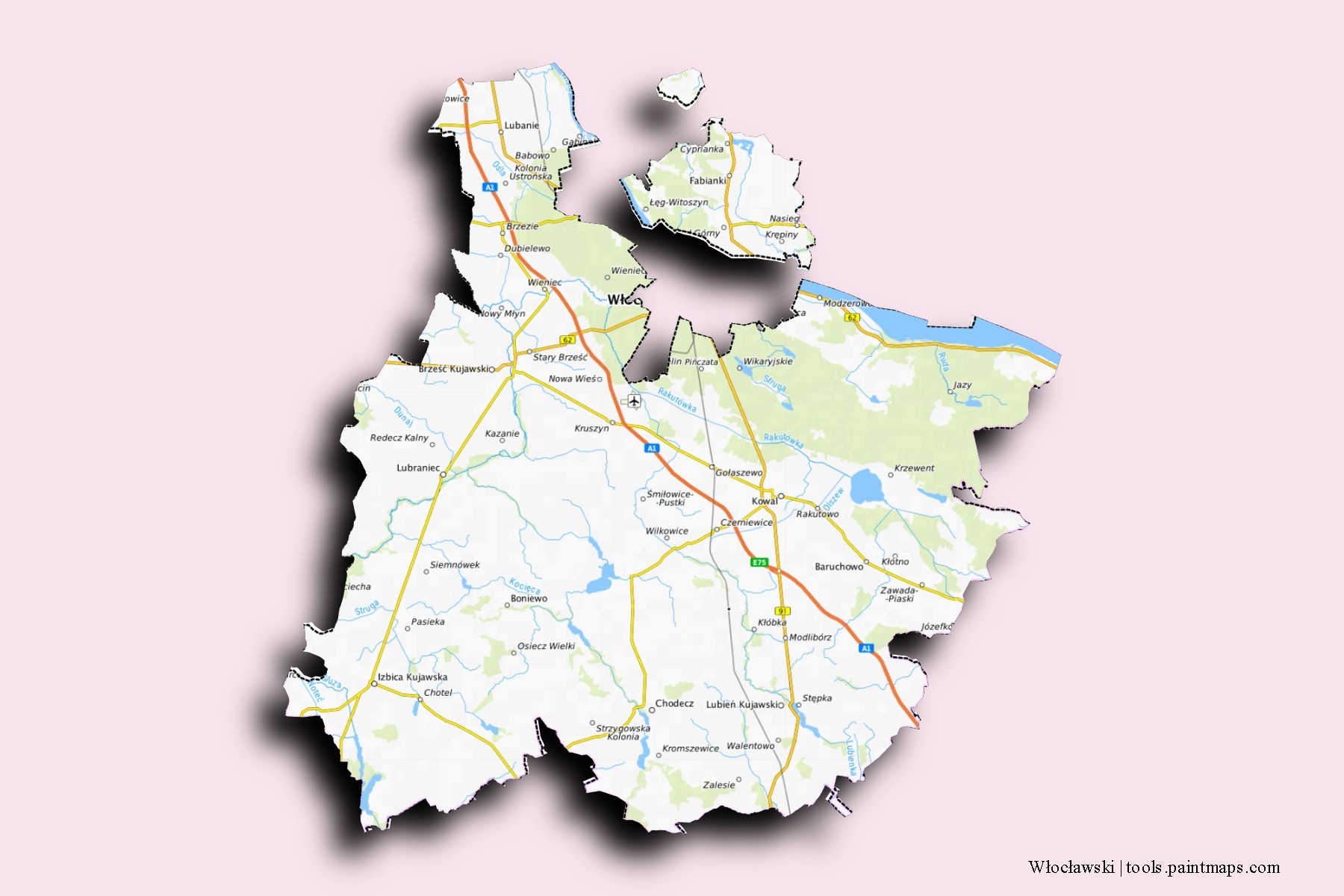 Mapa de barrios y pueblos de Włocławski con efecto de sombra 3D