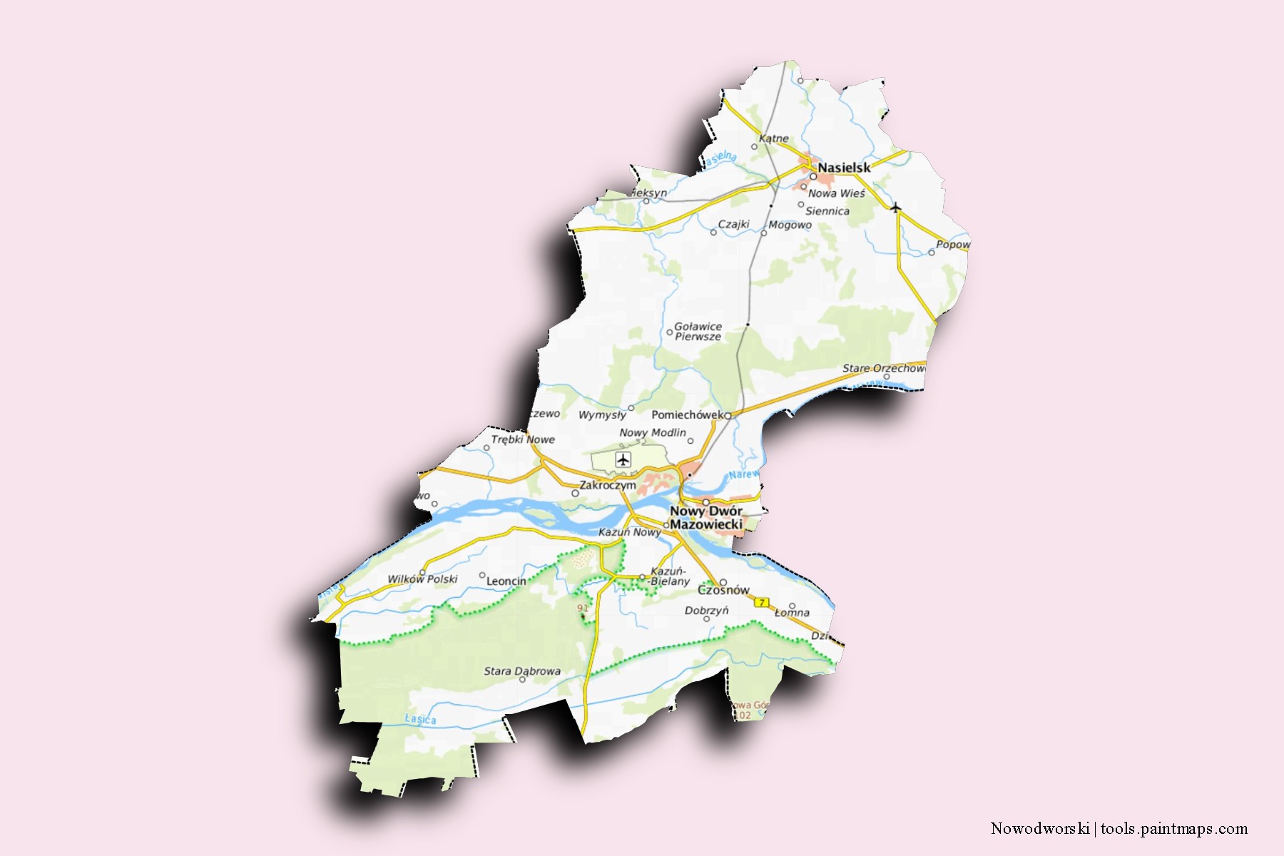 Nowodworski neighborhoods and villages map with 3D shadow effect