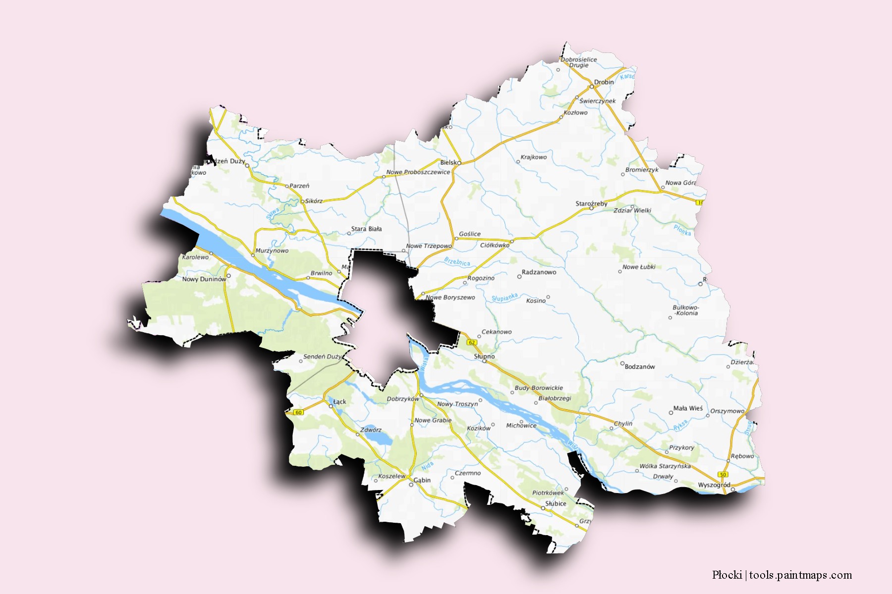 Mapa de barrios y pueblos de Płocki con efecto de sombra 3D