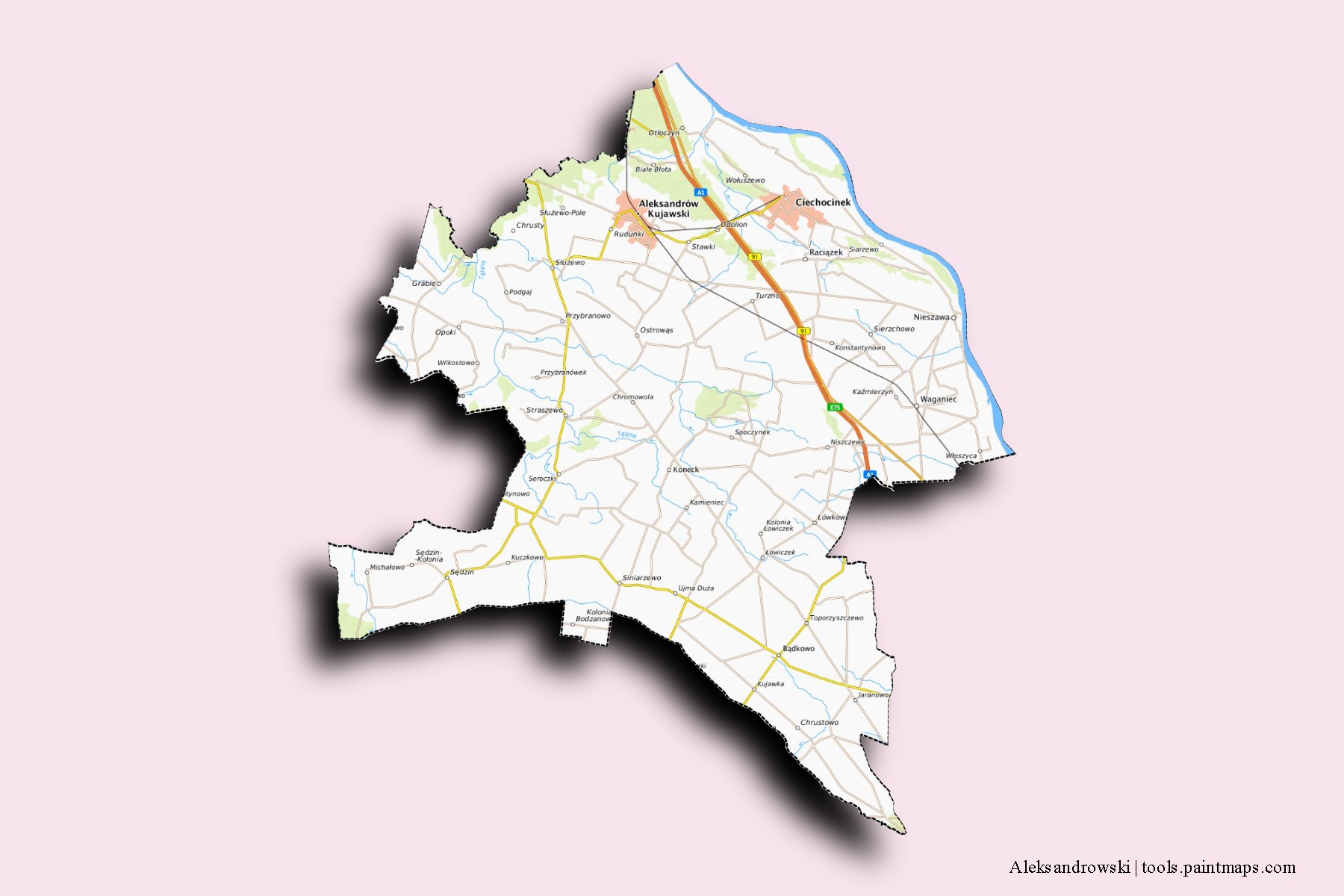 Mapa de barrios y pueblos de Aleksandrowski con efecto de sombra 3D