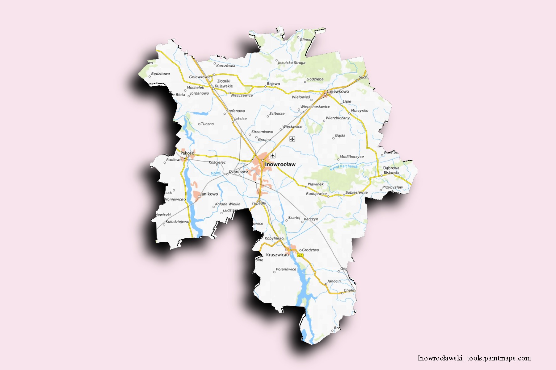 Inowrocławski neighborhoods and villages map with 3D shadow effect