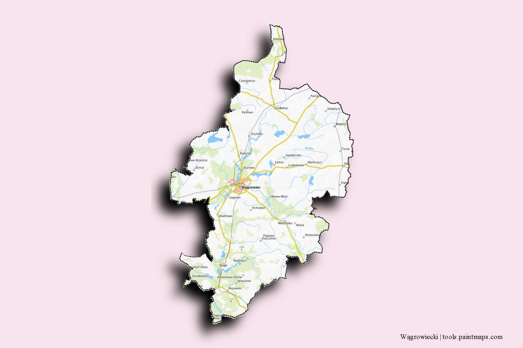 Mapa de barrios y pueblos de Wągrowiecki con efecto de sombra 3D