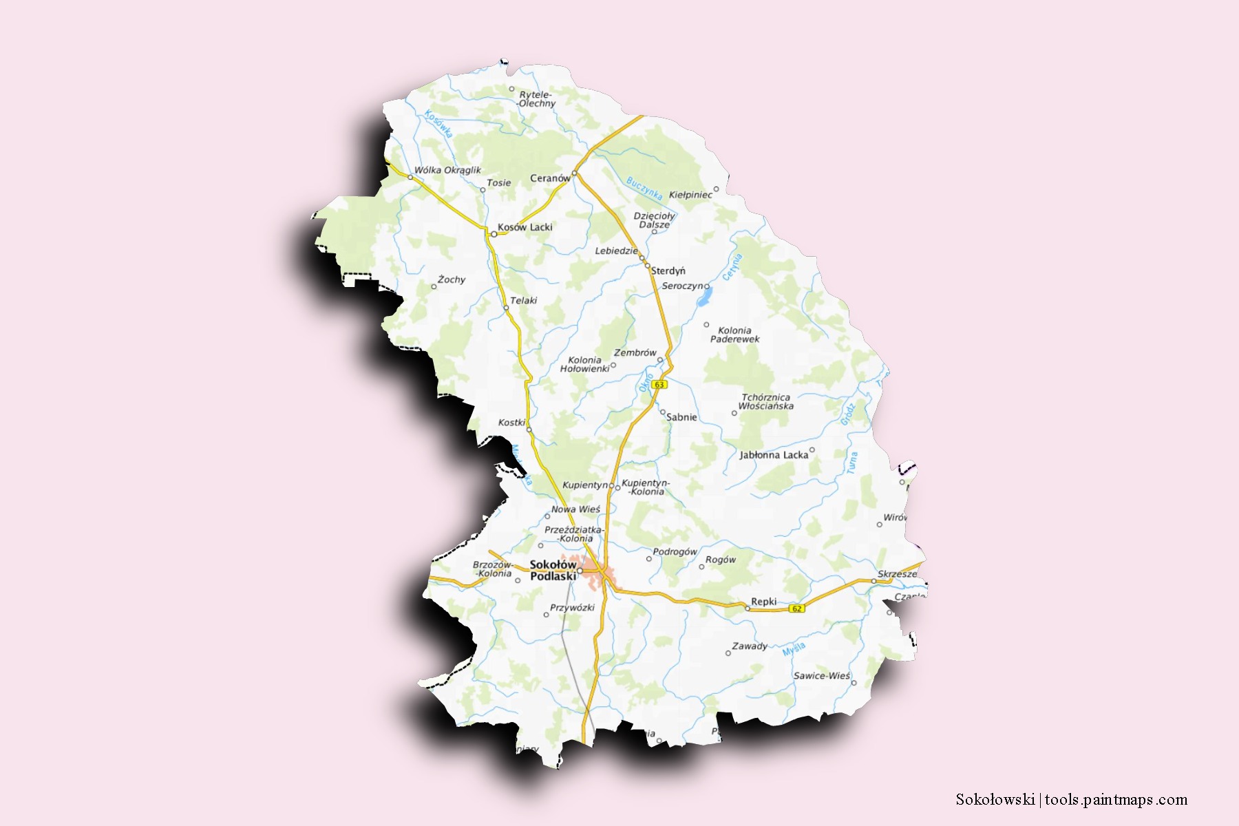 Mapa de barrios y pueblos de Sokołowski con efecto de sombra 3D