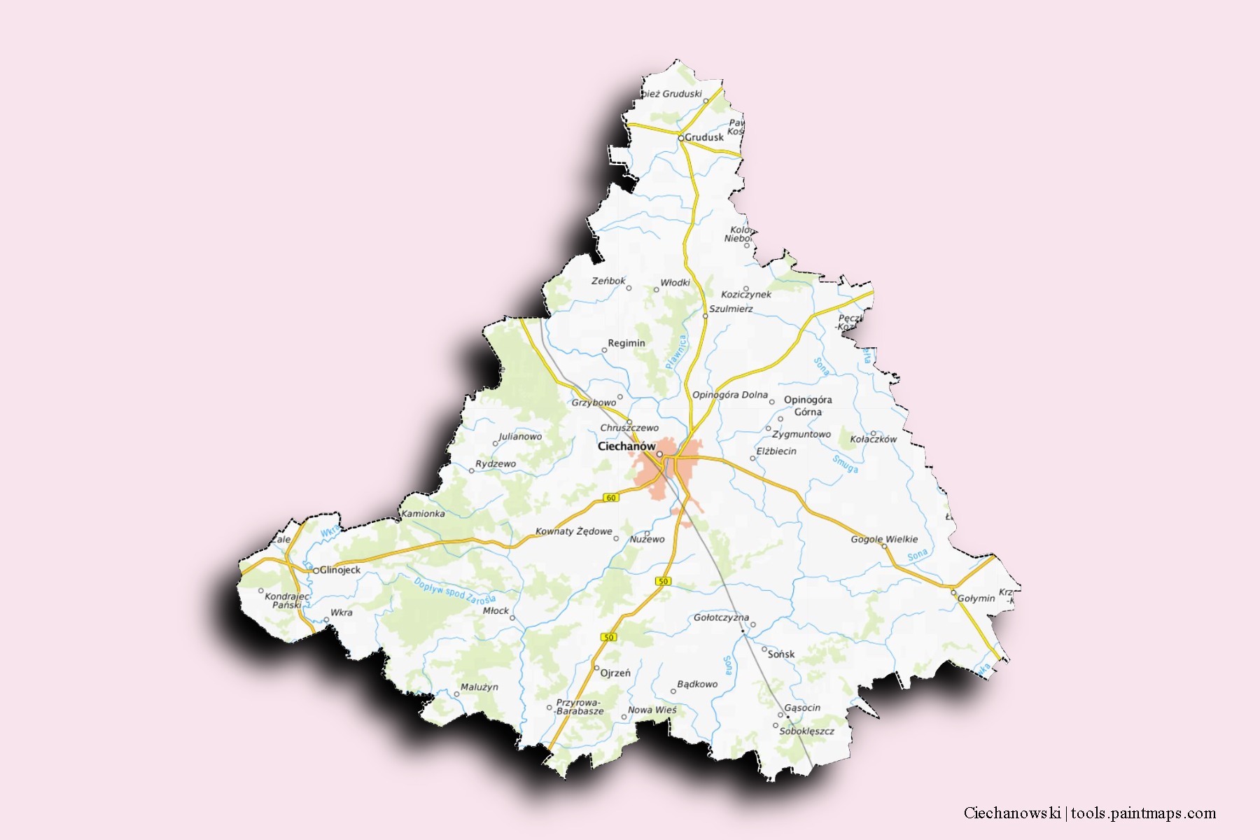 Mapa de barrios y pueblos de Ciechanowski con efecto de sombra 3D