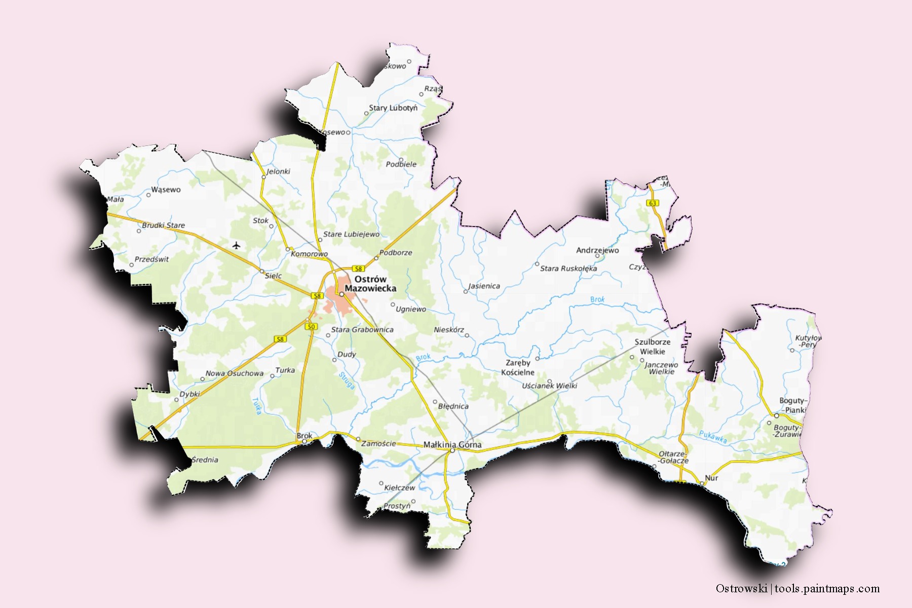 3D gölge efektli Ostrowski mahalleleri ve köyleri haritası