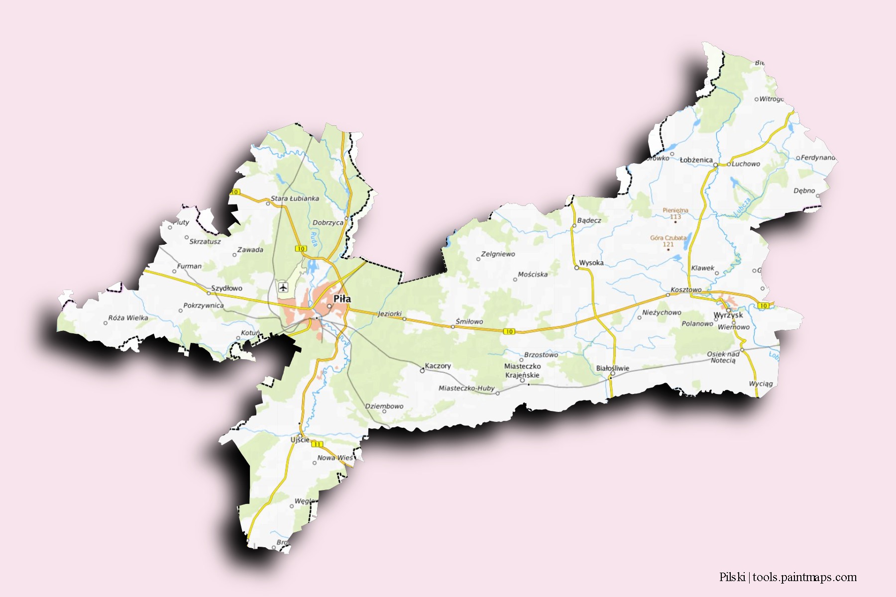 Mapa de barrios y pueblos de Pilski con efecto de sombra 3D