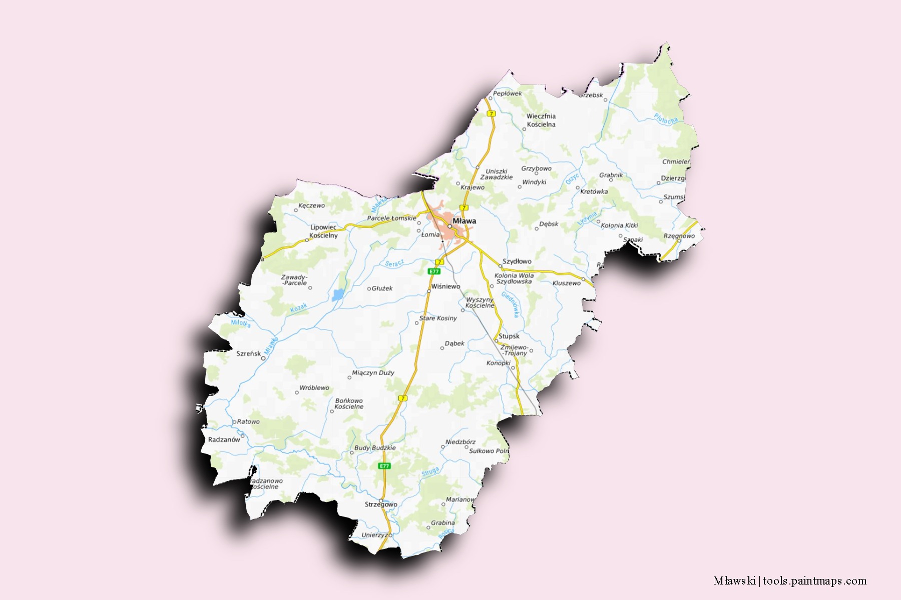 Mapa de barrios y pueblos de Mławski con efecto de sombra 3D