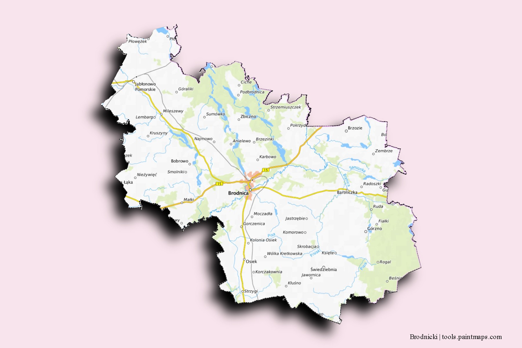 Mapa de barrios y pueblos de Brodnicki con efecto de sombra 3D