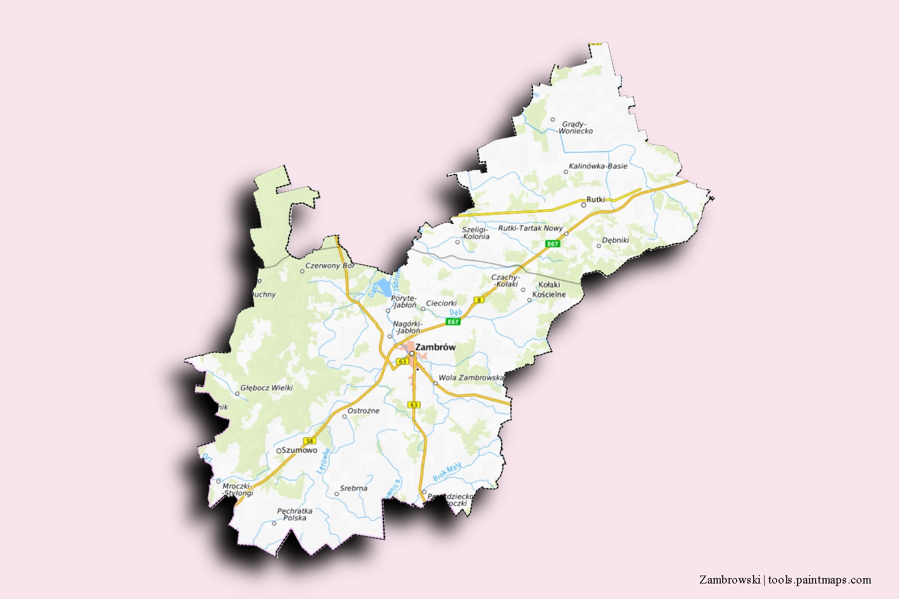 Mapa de barrios y pueblos de Zambrowski con efecto de sombra 3D