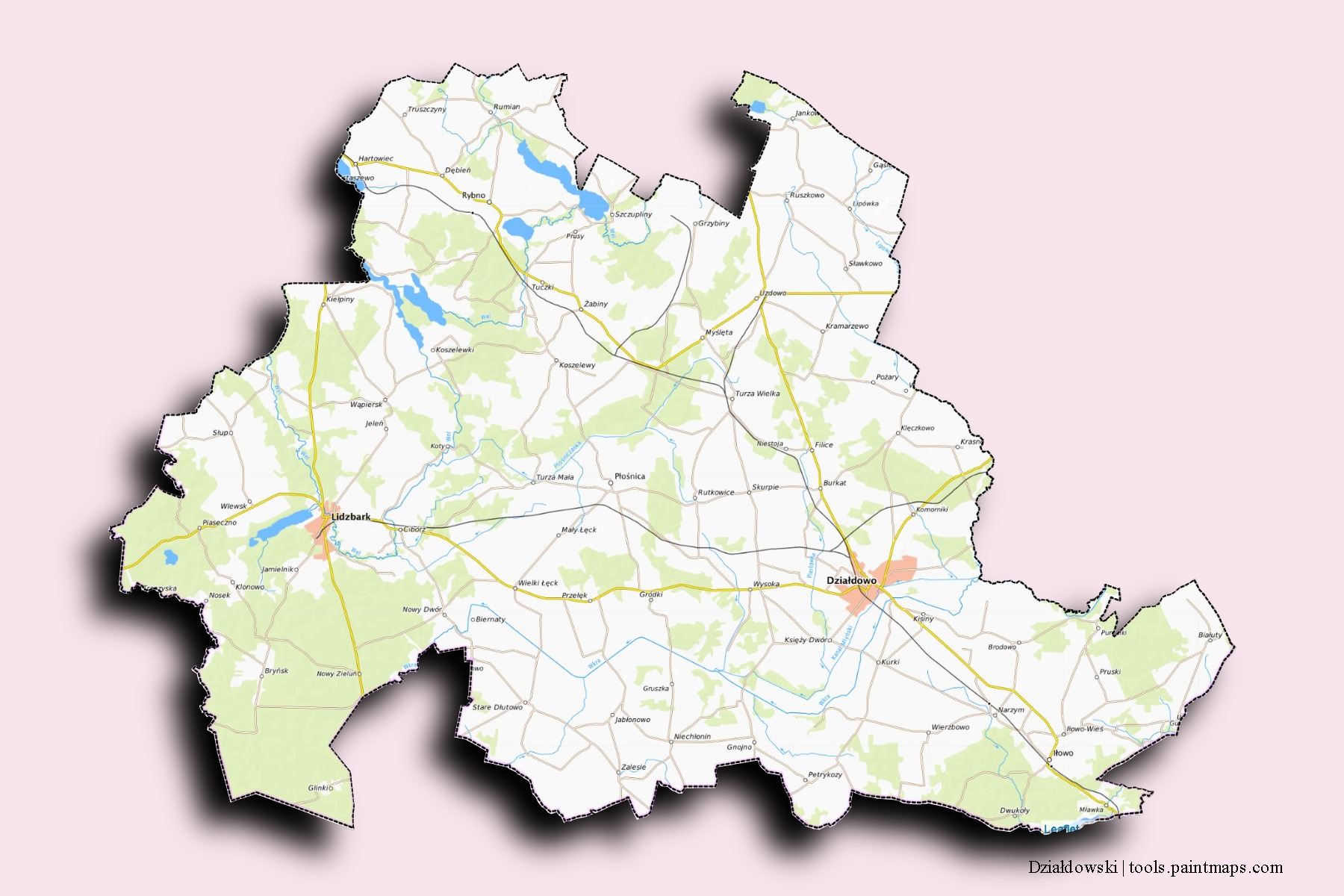 Mapa de barrios y pueblos de Działdowski con efecto de sombra 3D