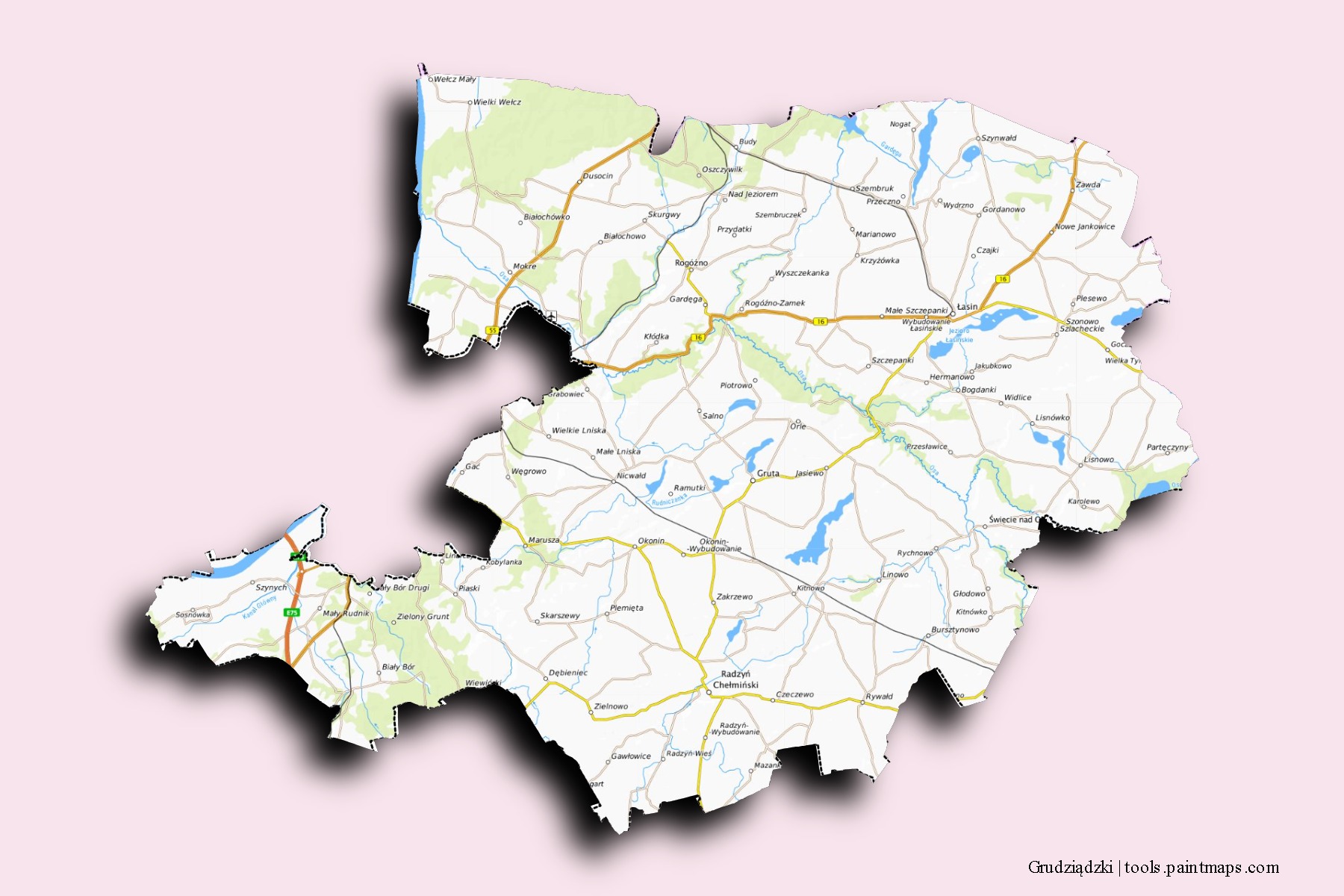 Mapa de barrios y pueblos de Grudziądzki con efecto de sombra 3D