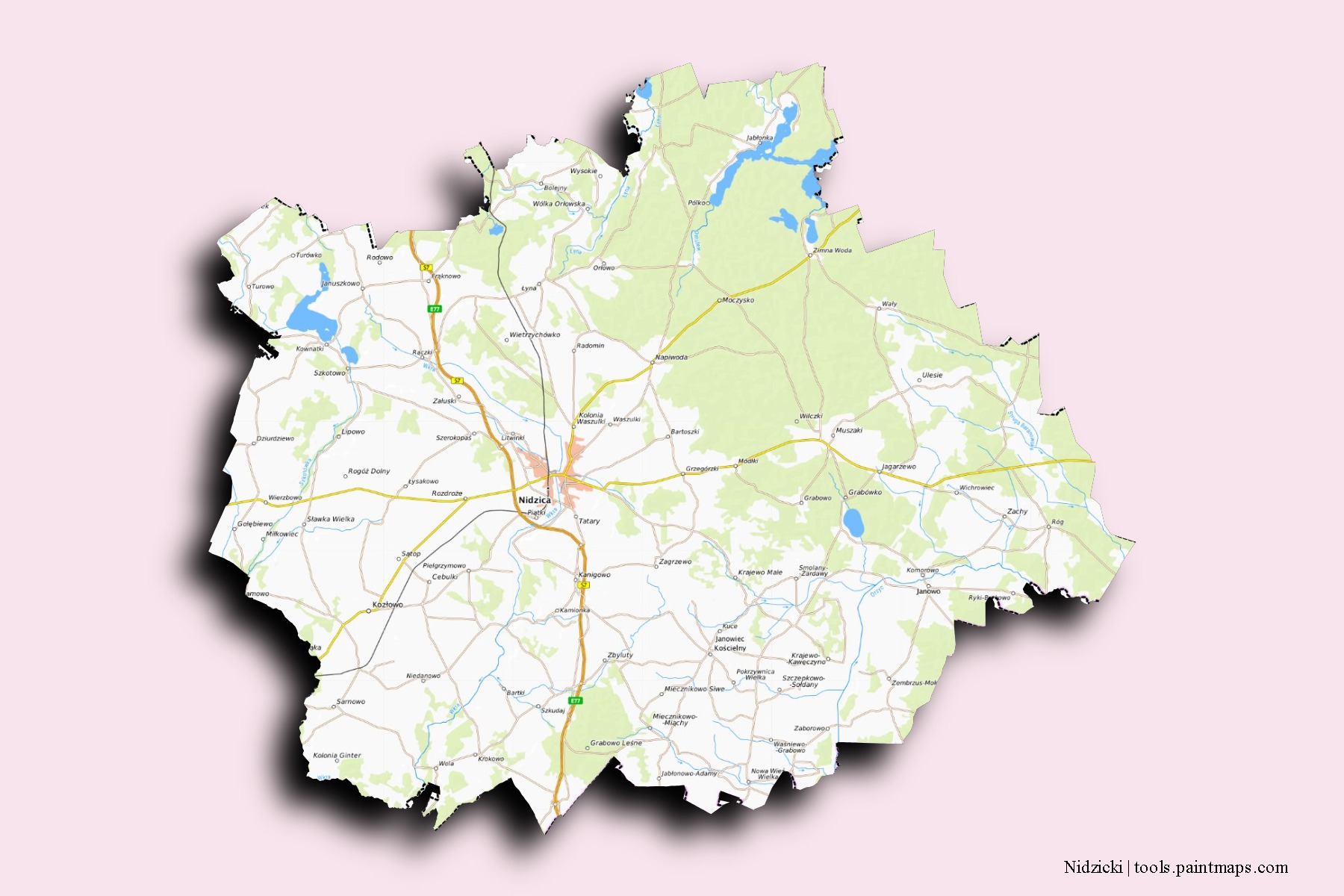 Mapa de barrios y pueblos de Nidzicki con efecto de sombra 3D