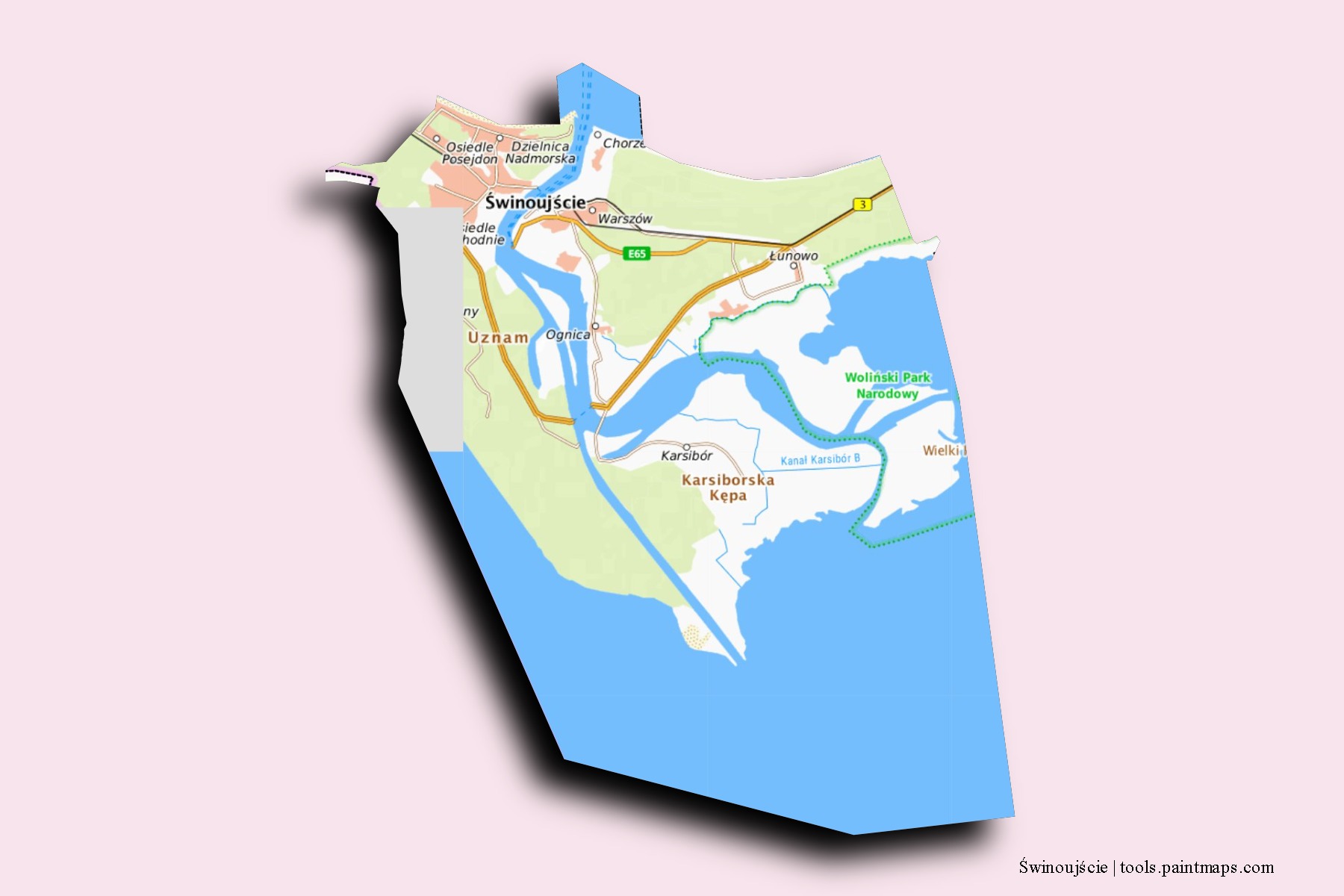 Świnoujście neighborhoods and villages map with 3D shadow effect