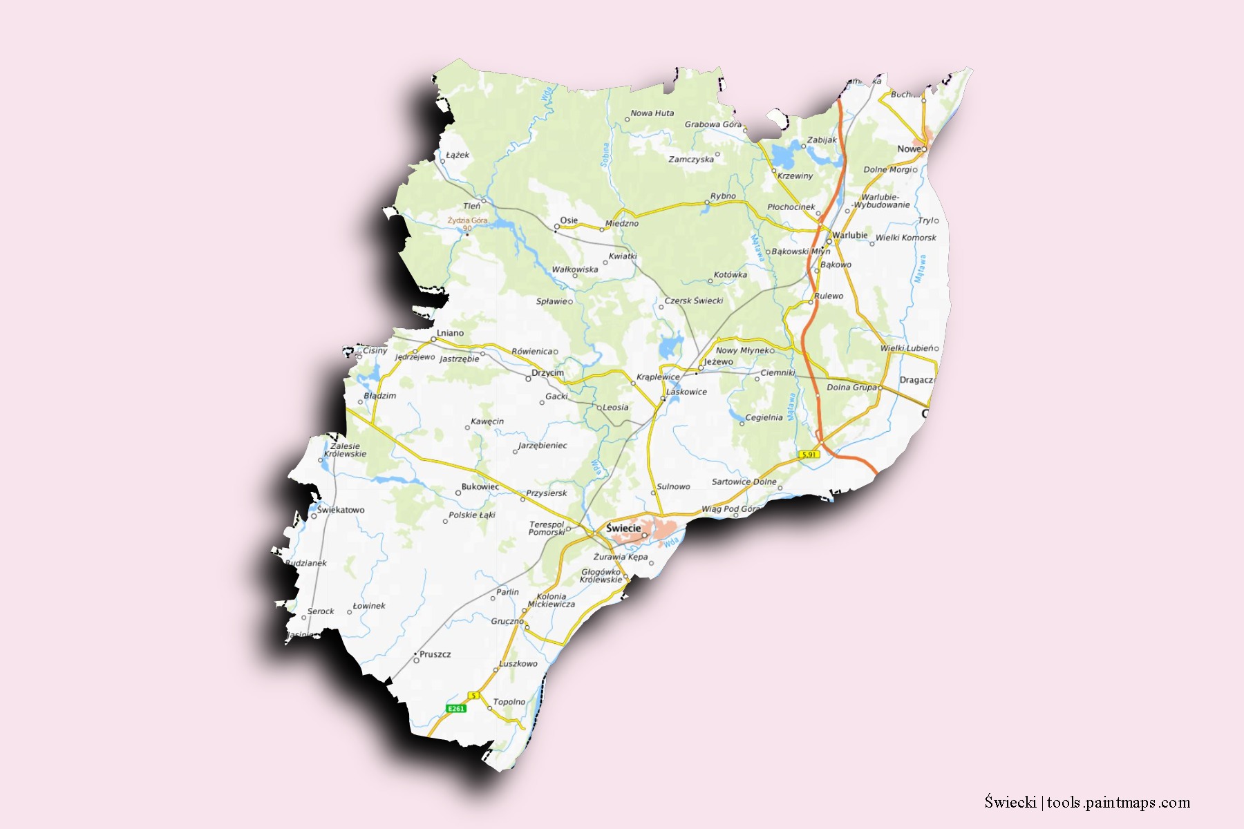 Mapa de barrios y pueblos de Świecki con efecto de sombra 3D