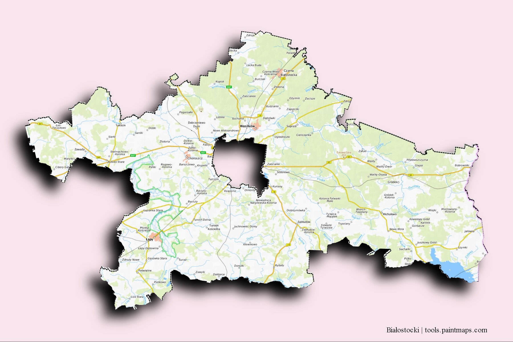 Mapa de barrios y pueblos de Białostocki con efecto de sombra 3D