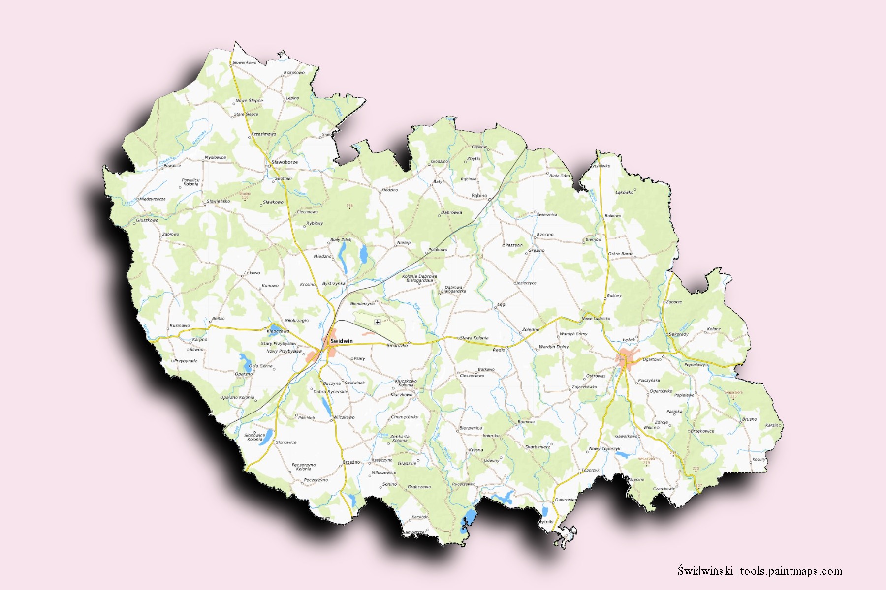 Mapa de barrios y pueblos de Świdwiński con efecto de sombra 3D