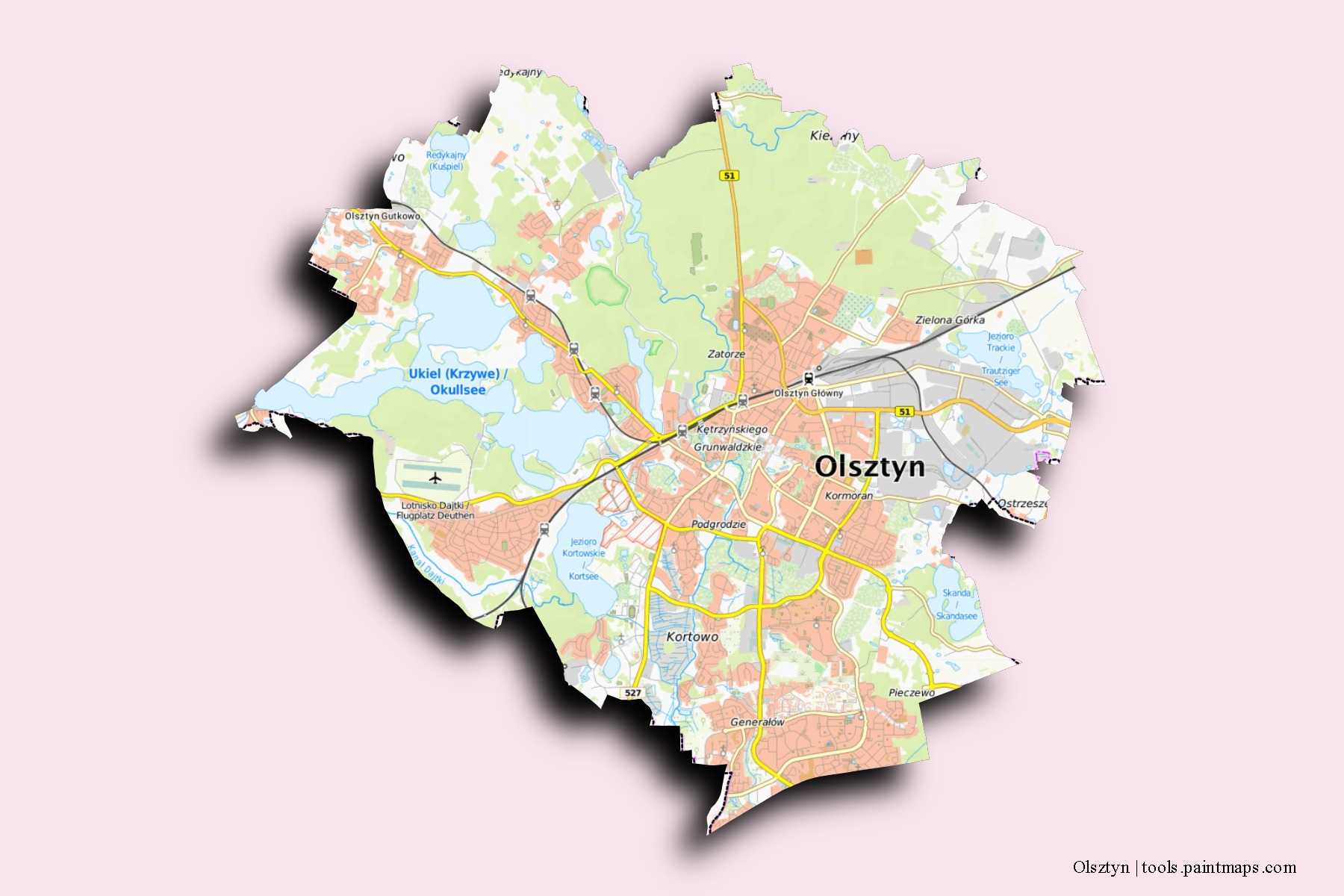 Olsztyn neighborhoods and villages map with 3D shadow effect