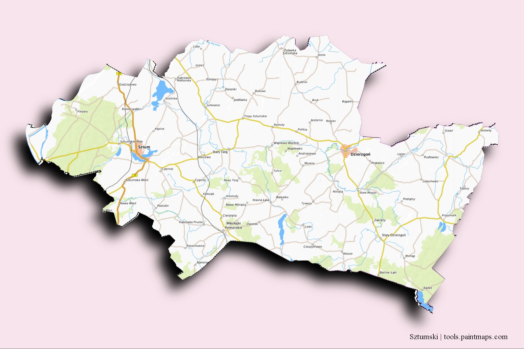 Mapa de barrios y pueblos de Sztumski con efecto de sombra 3D