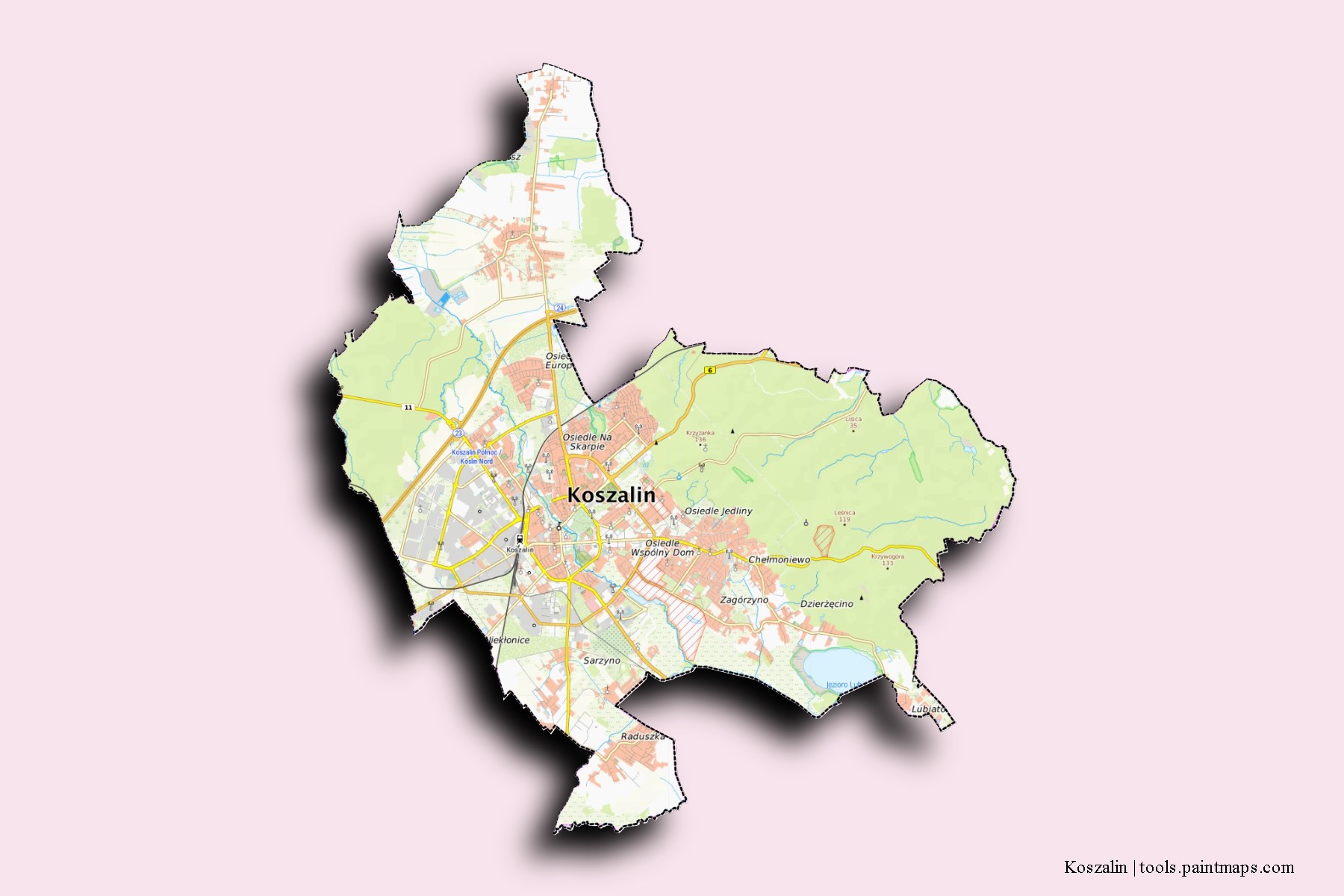 Koszalin neighborhoods and villages map with 3D shadow effect