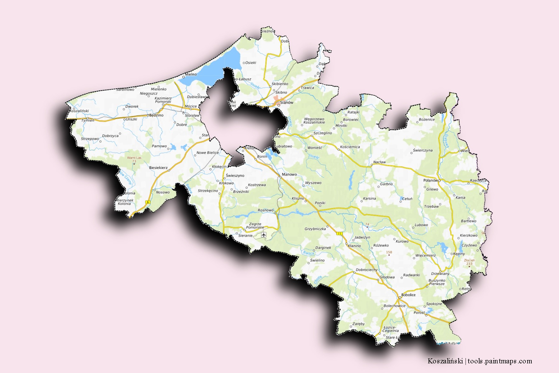 Koszaliński neighborhoods and villages map with 3D shadow effect