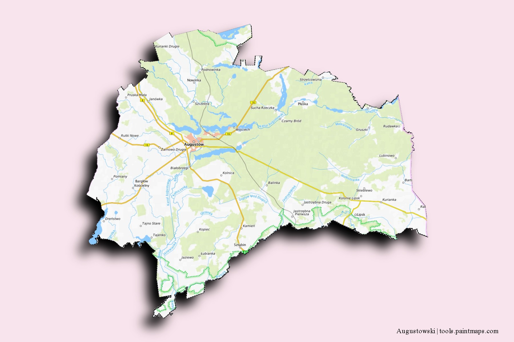 Mapa de barrios y pueblos de Augustowski con efecto de sombra 3D