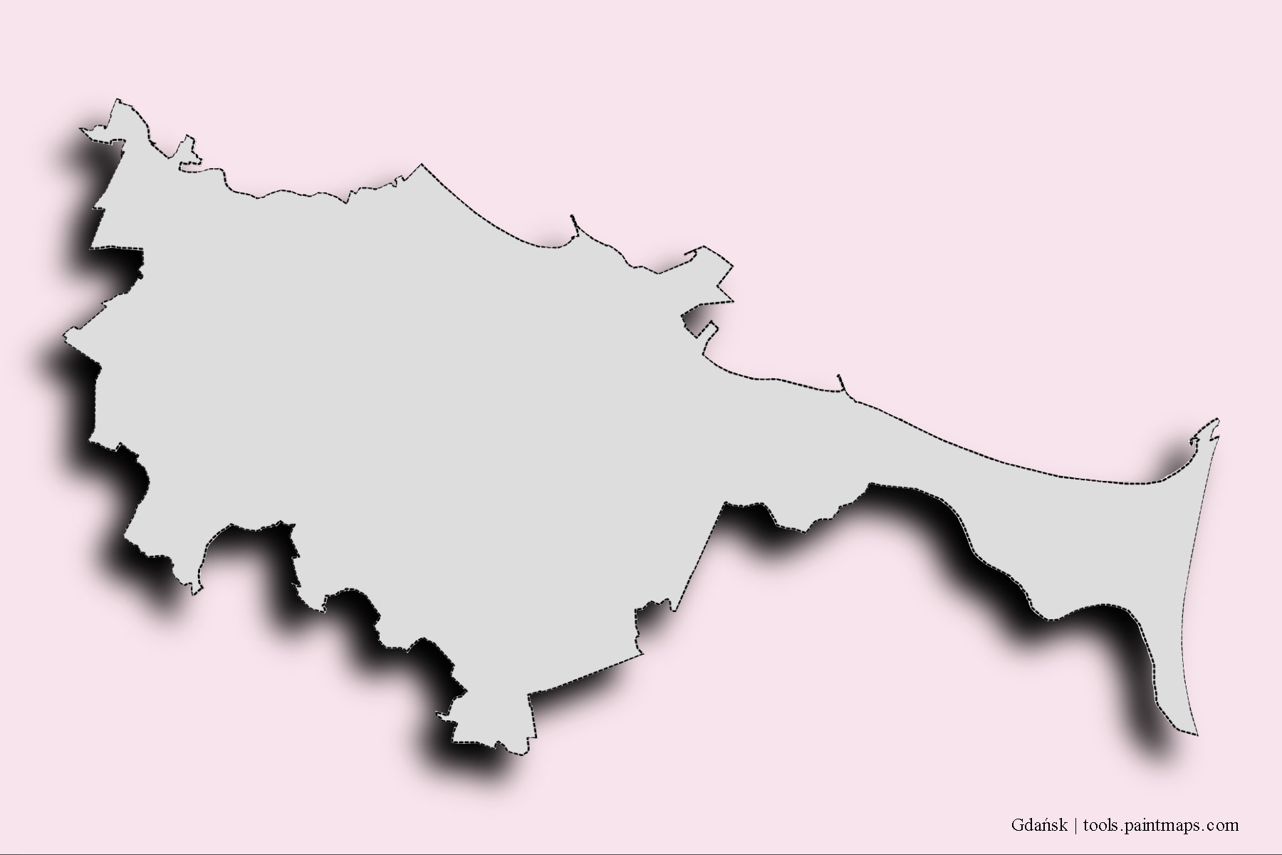 Mapa de barrios y pueblos de Gdańsk con efecto de sombra 3D