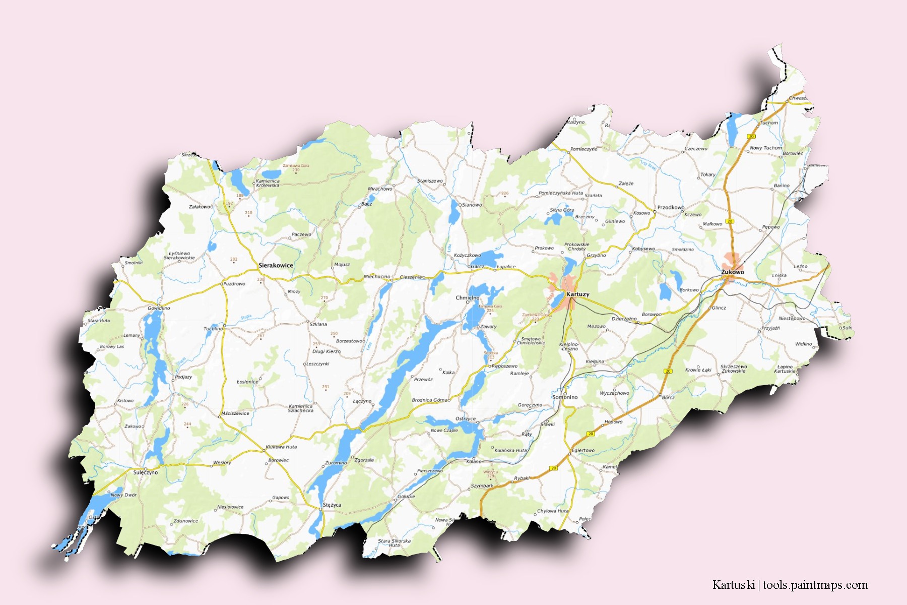 Mapa de barrios y pueblos de Kartuski con efecto de sombra 3D