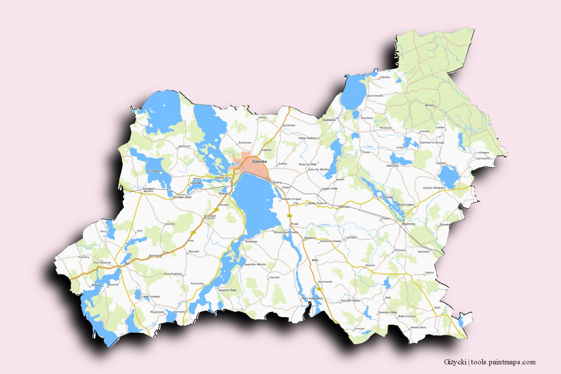 Giżycko neighborhoods and villages map with 3D shadow effect