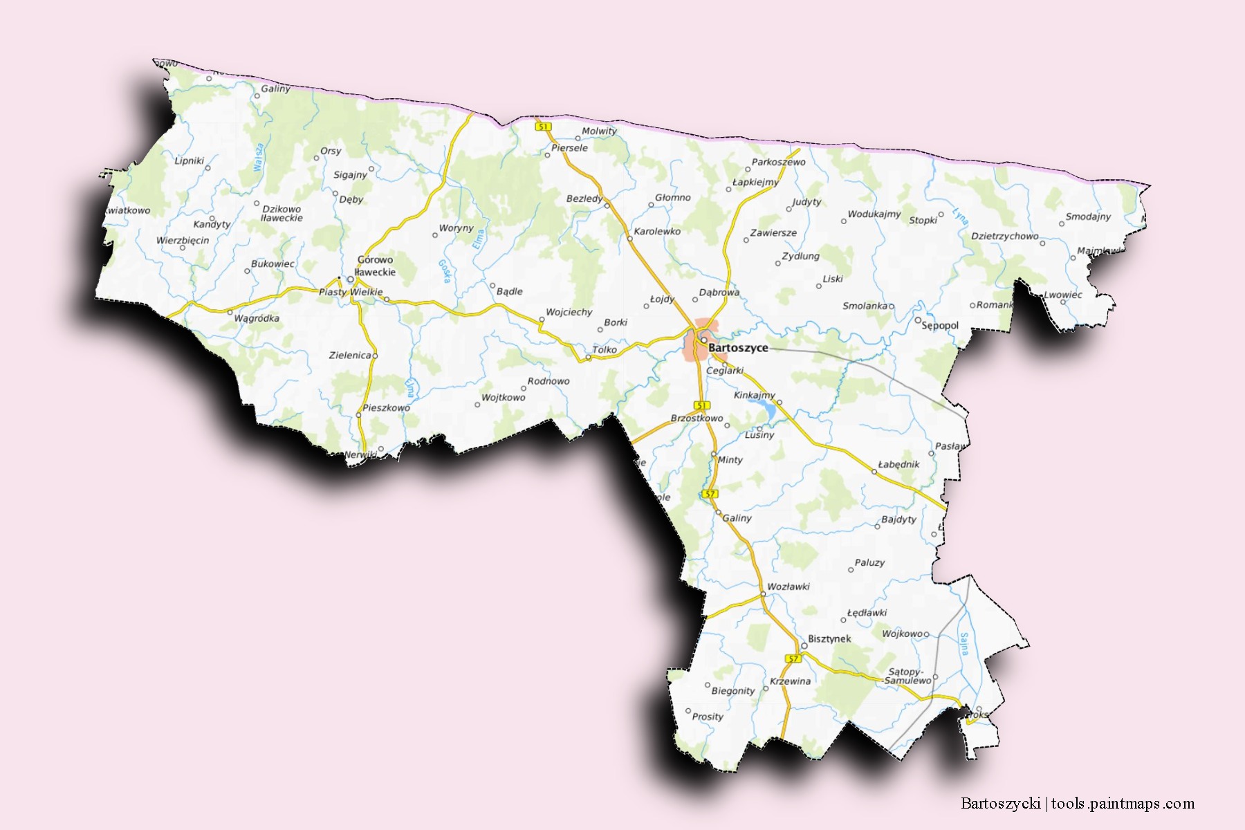 Mapa de barrios y pueblos de Bartoszycki con efecto de sombra 3D