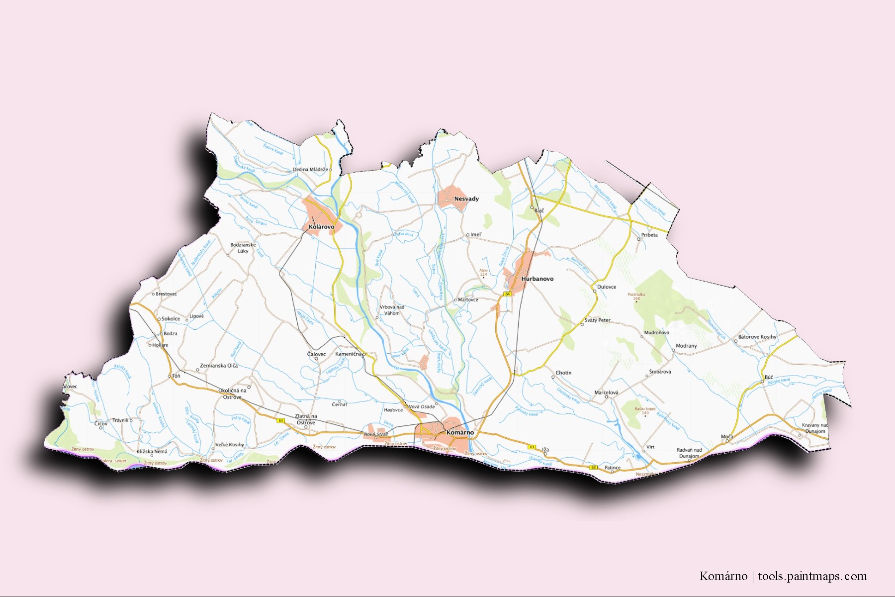 Komárno neighborhoods and villages map with 3D shadow effect