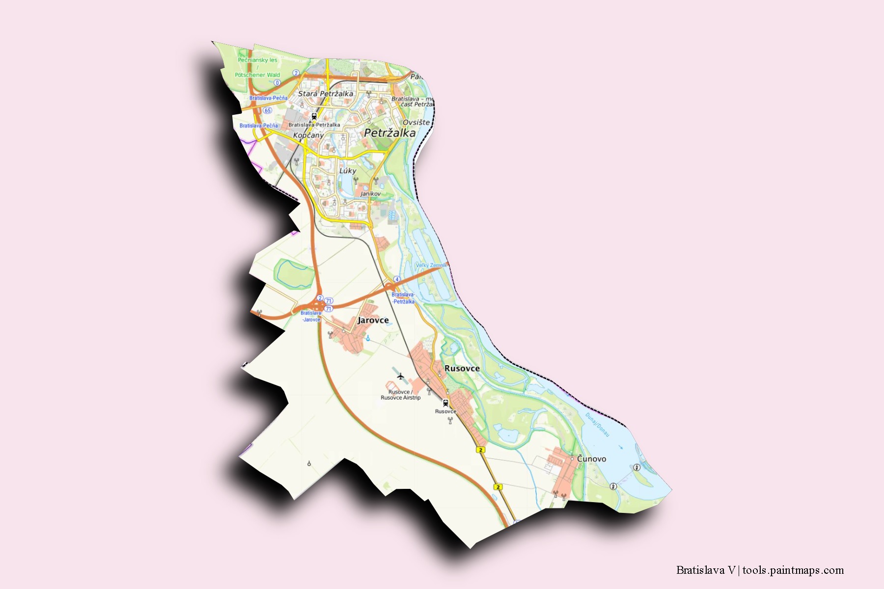 Mapa de barrios y pueblos de Bratislava V con efecto de sombra 3D