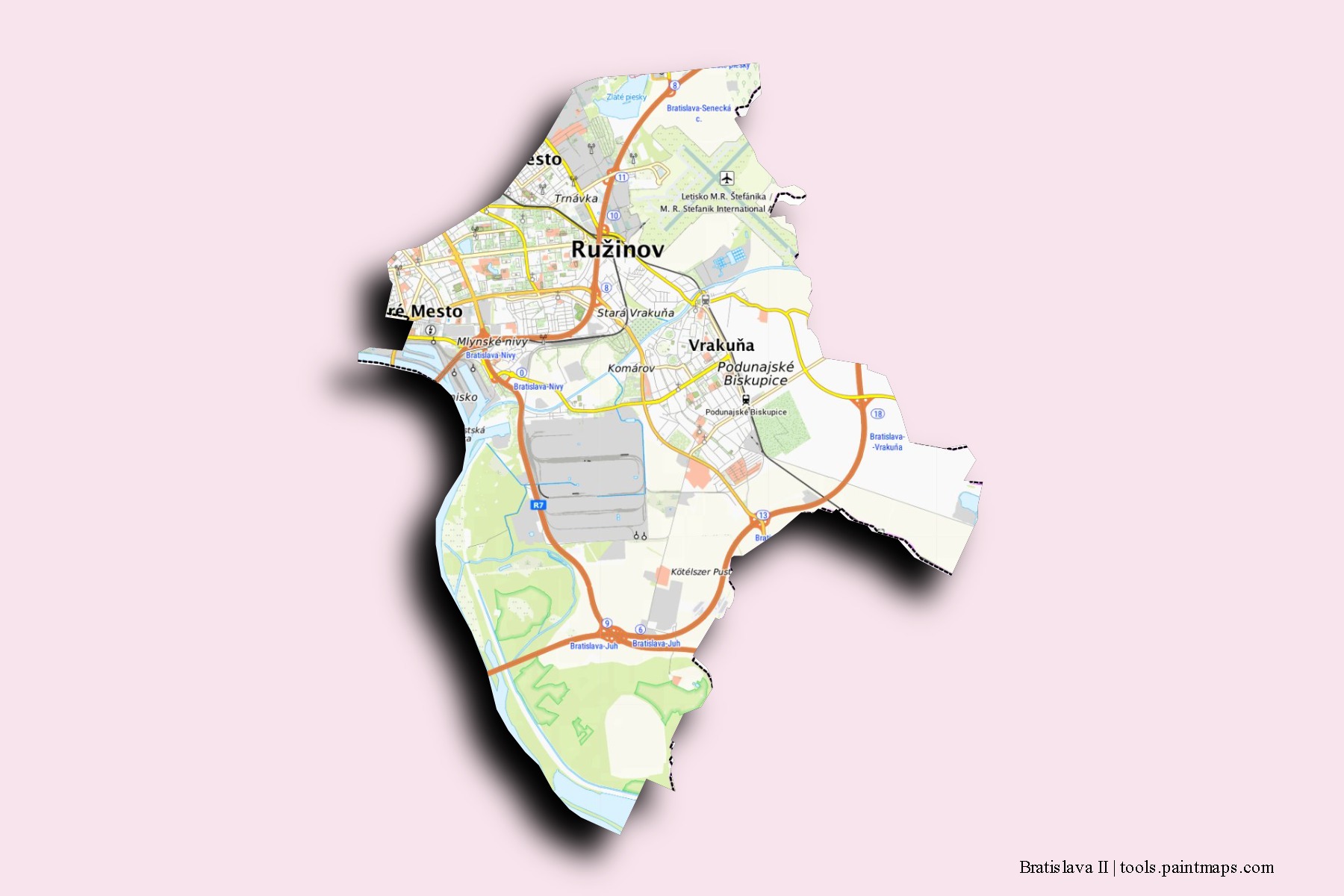 Mapa de barrios y pueblos de Bratislava II con efecto de sombra 3D