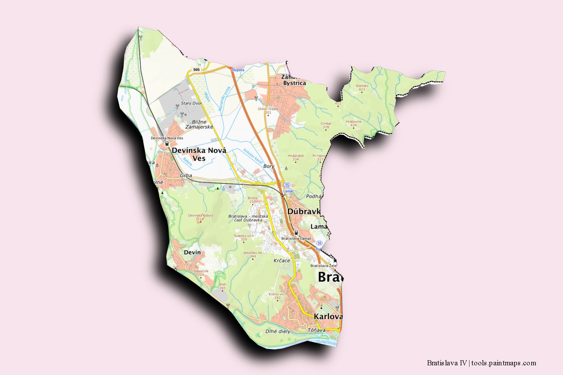 Bratislava IV neighborhoods and villages map with 3D shadow effect