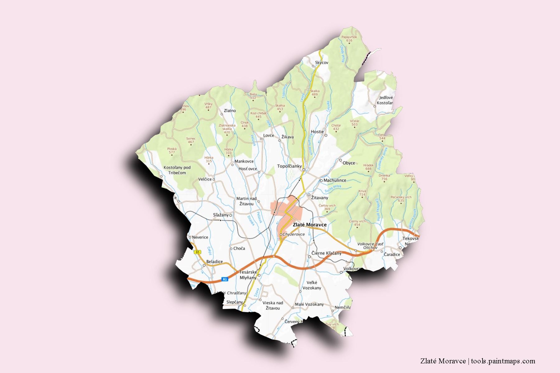 Mapa de barrios y pueblos de Zlaté Moravce con efecto de sombra 3D