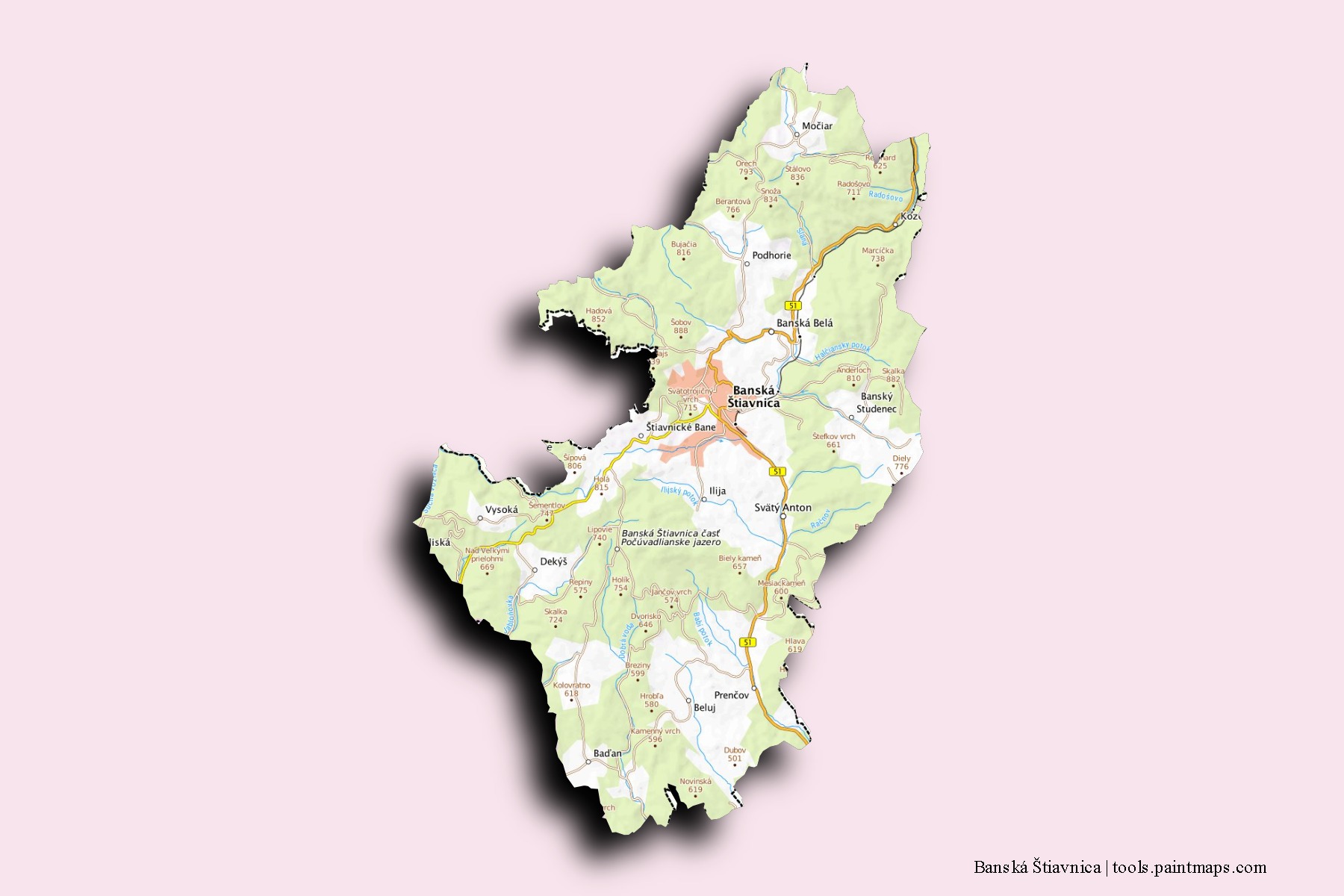 Banská Štiavnica neighborhoods and villages map with 3D shadow effect