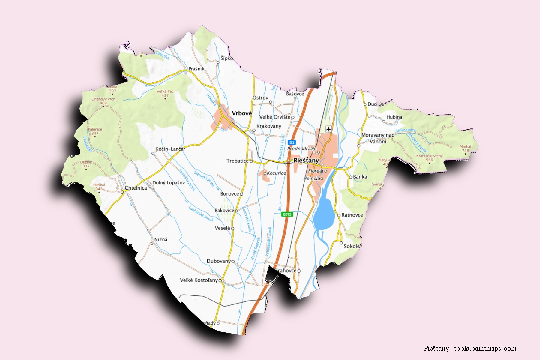 Pieštany neighborhoods and villages map with 3D shadow effect