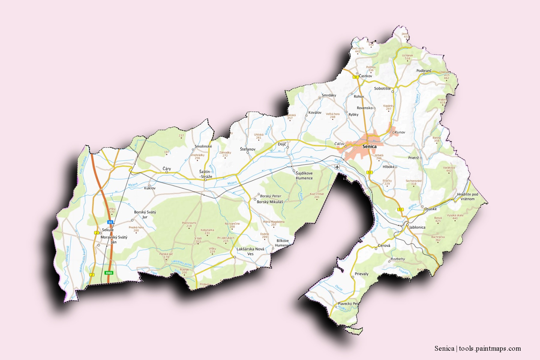 Senica neighborhoods and villages map with 3D shadow effect