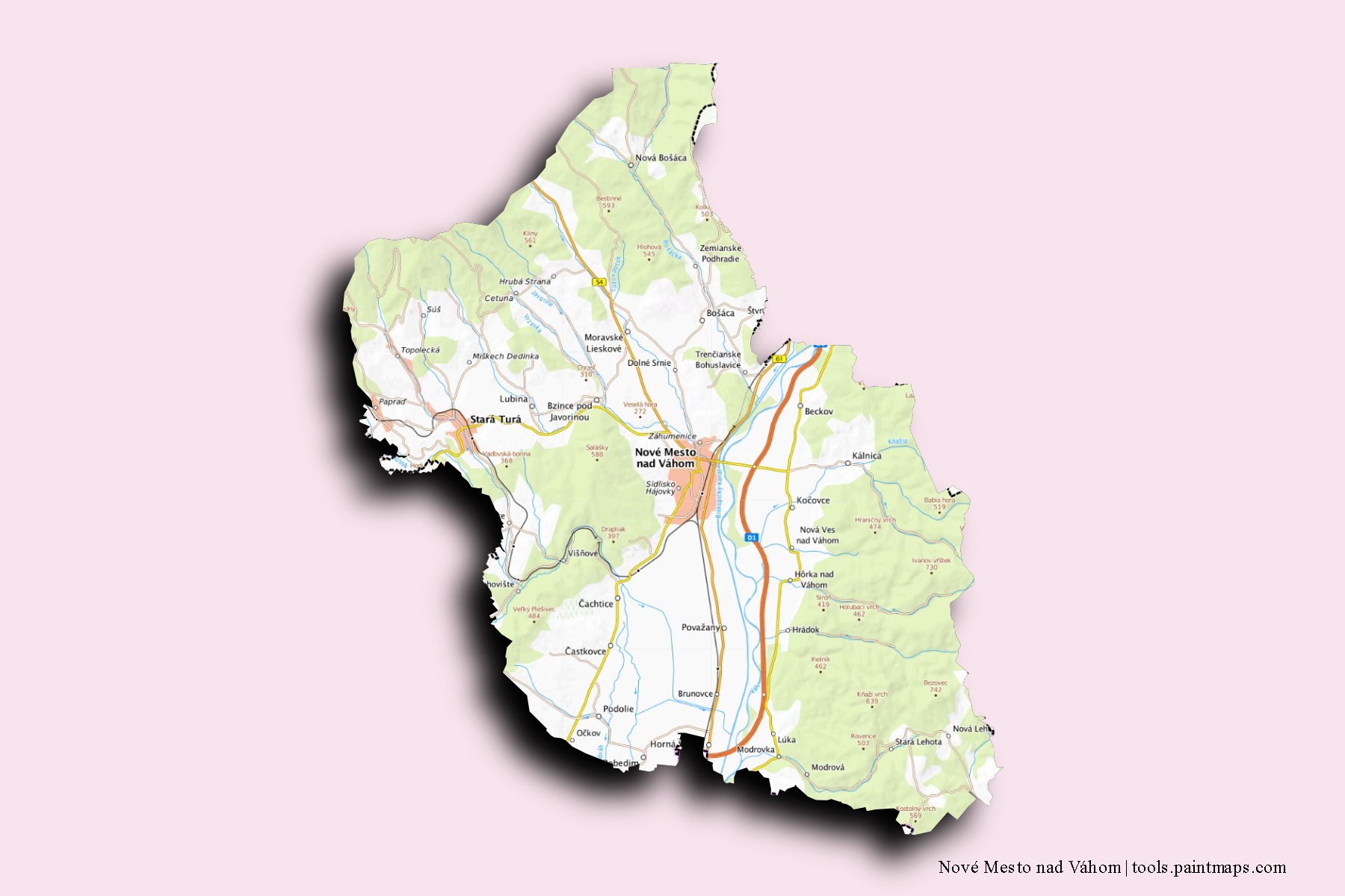 3D gölge efektli Nové Mesto nad Váhom mahalleleri ve köyleri haritası