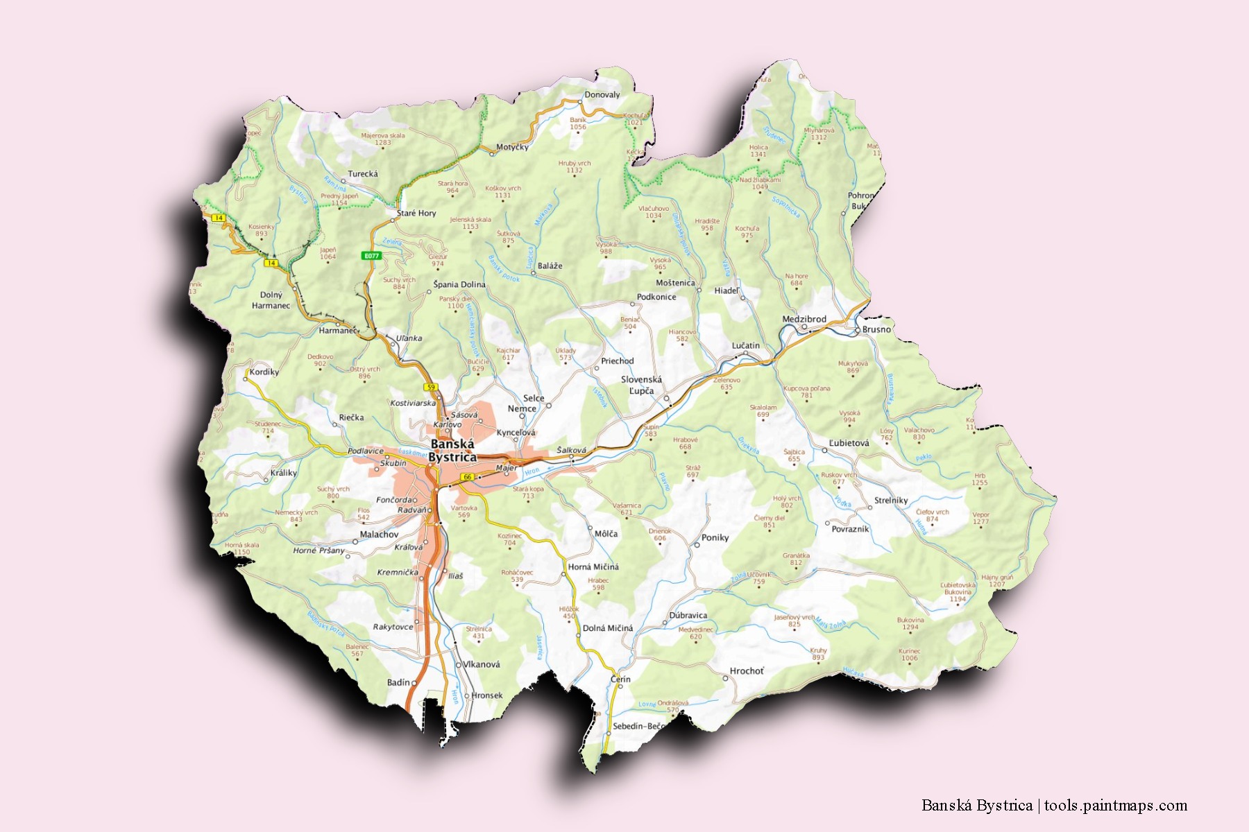 Mapa de barrios y pueblos de Banská Bystrica con efecto de sombra 3D