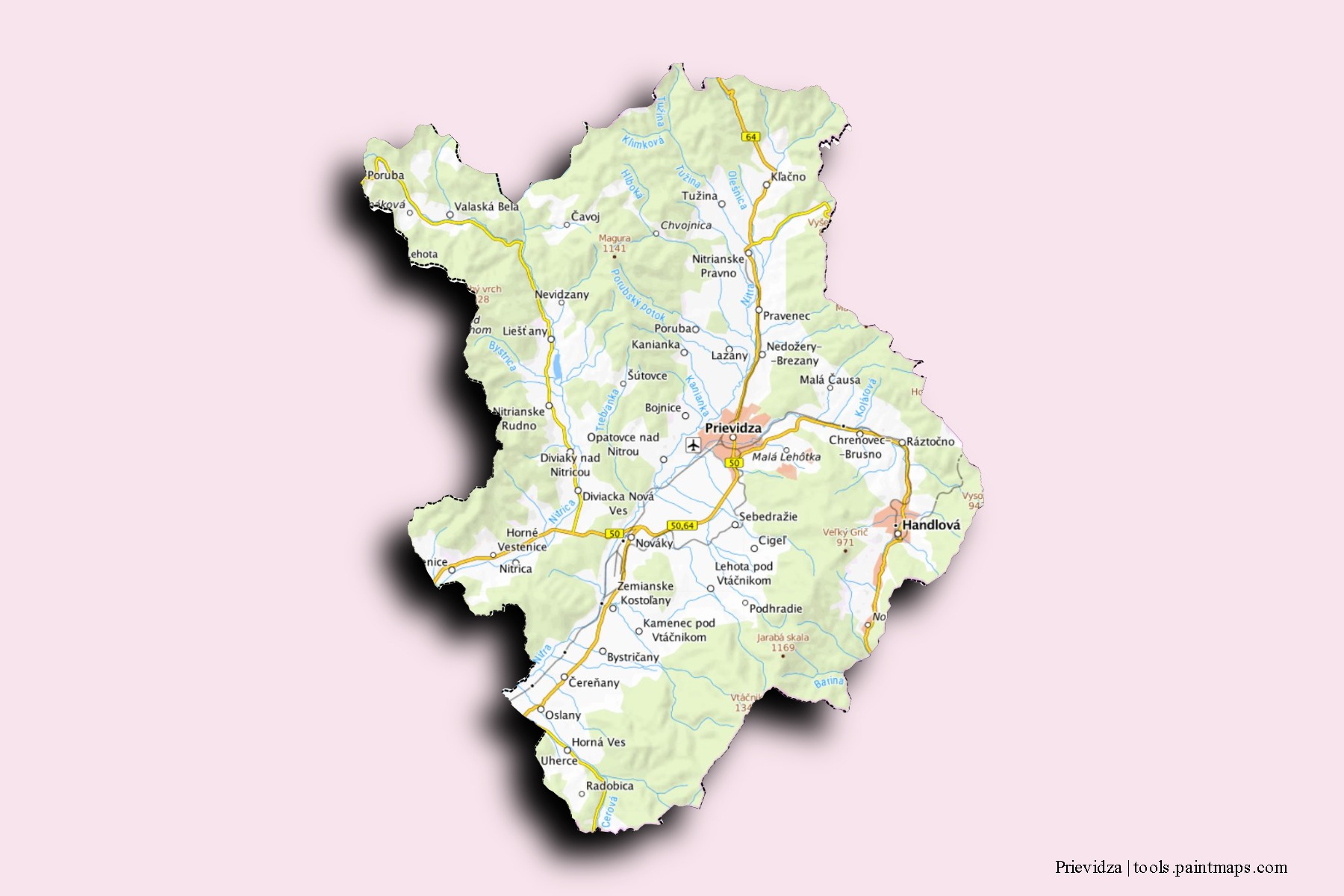 Mapa de barrios y pueblos de Prievidza con efecto de sombra 3D