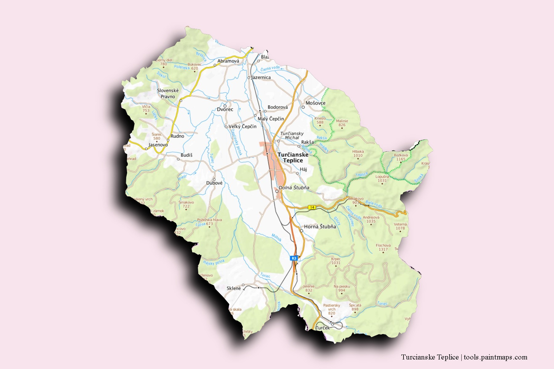 Mapa de barrios y pueblos de Turcianske Teplice con efecto de sombra 3D