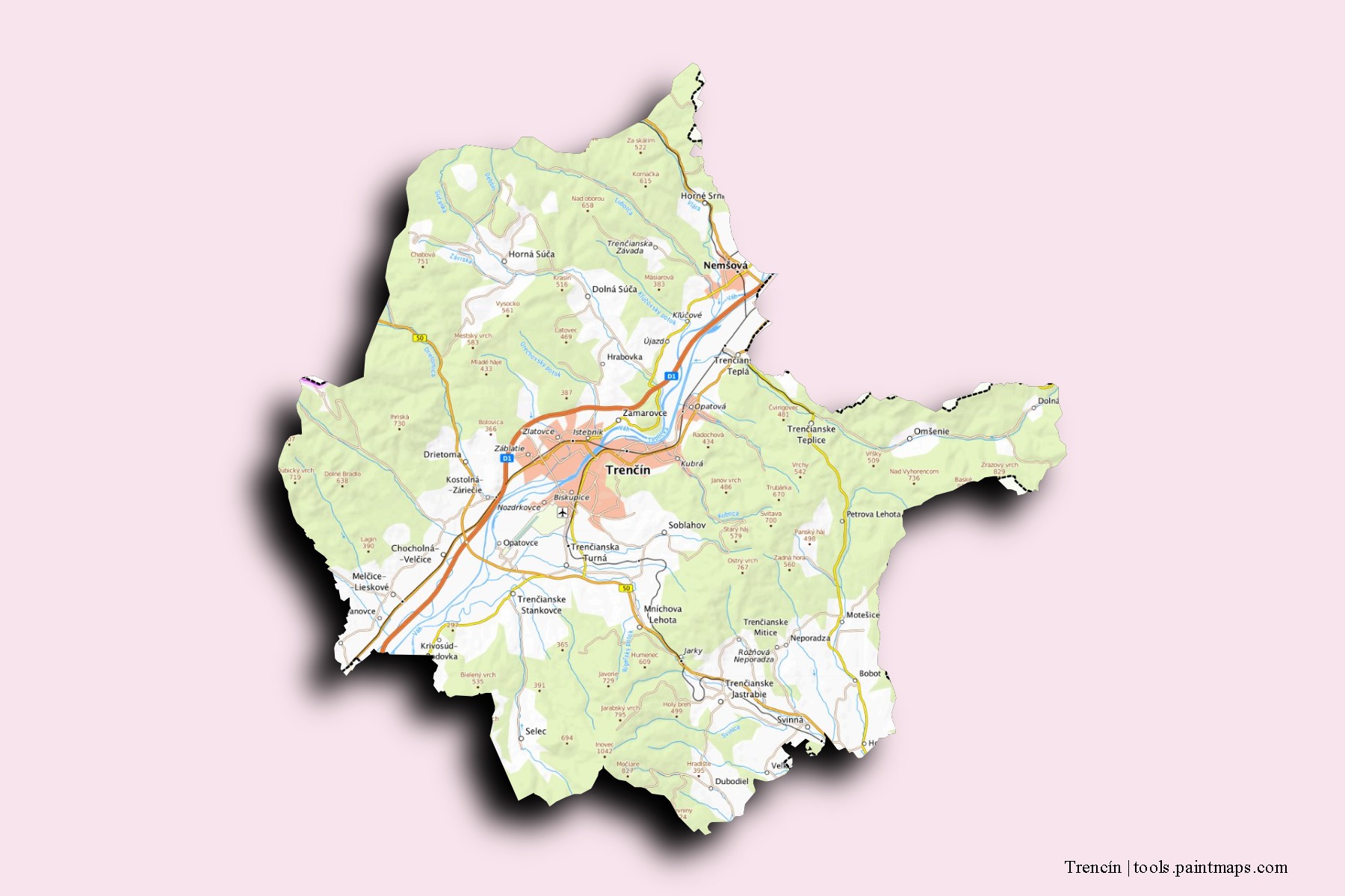 Trencín neighborhoods and villages map with 3D shadow effect