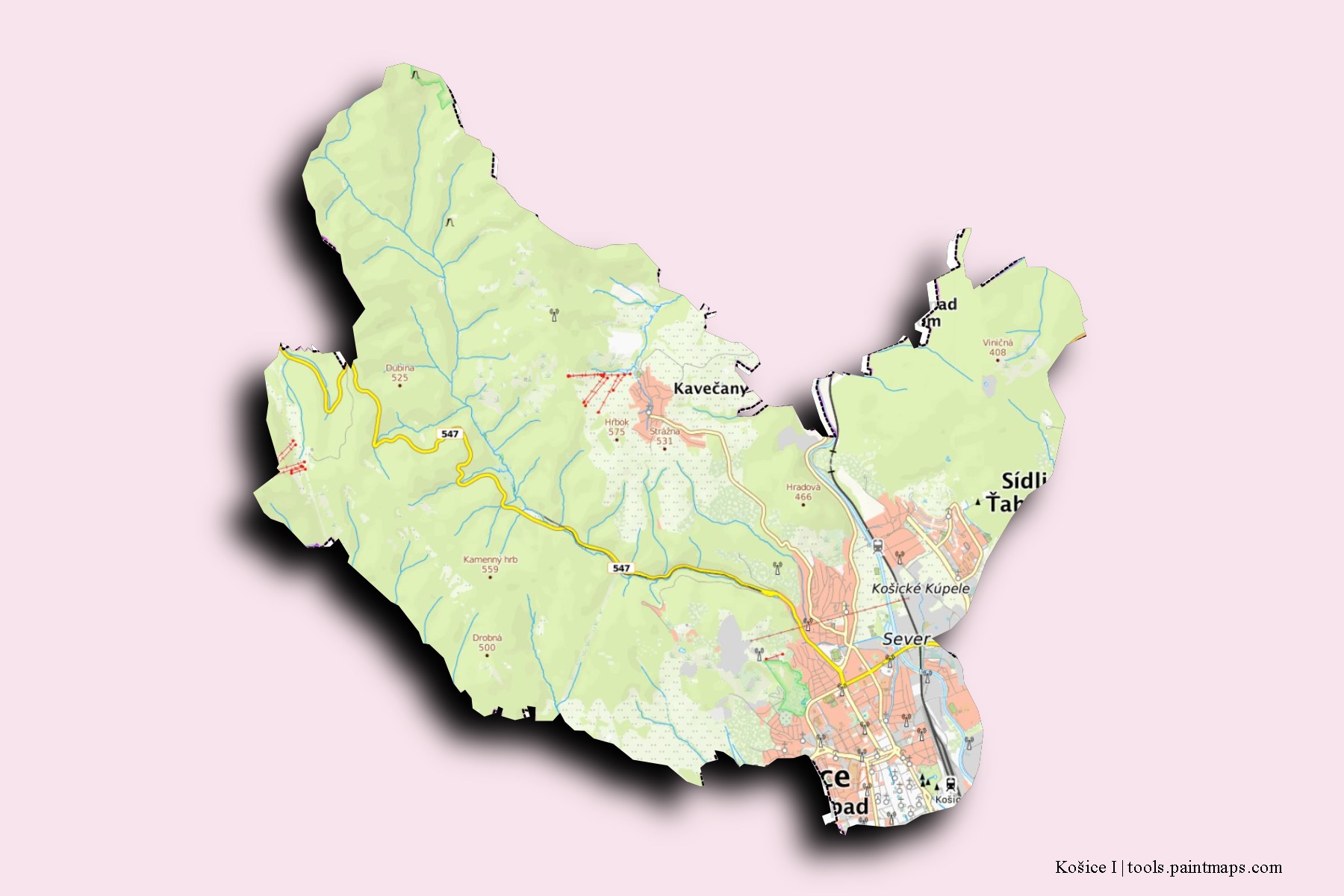 3D gölge efektli Košice I mahalleleri ve köyleri haritası