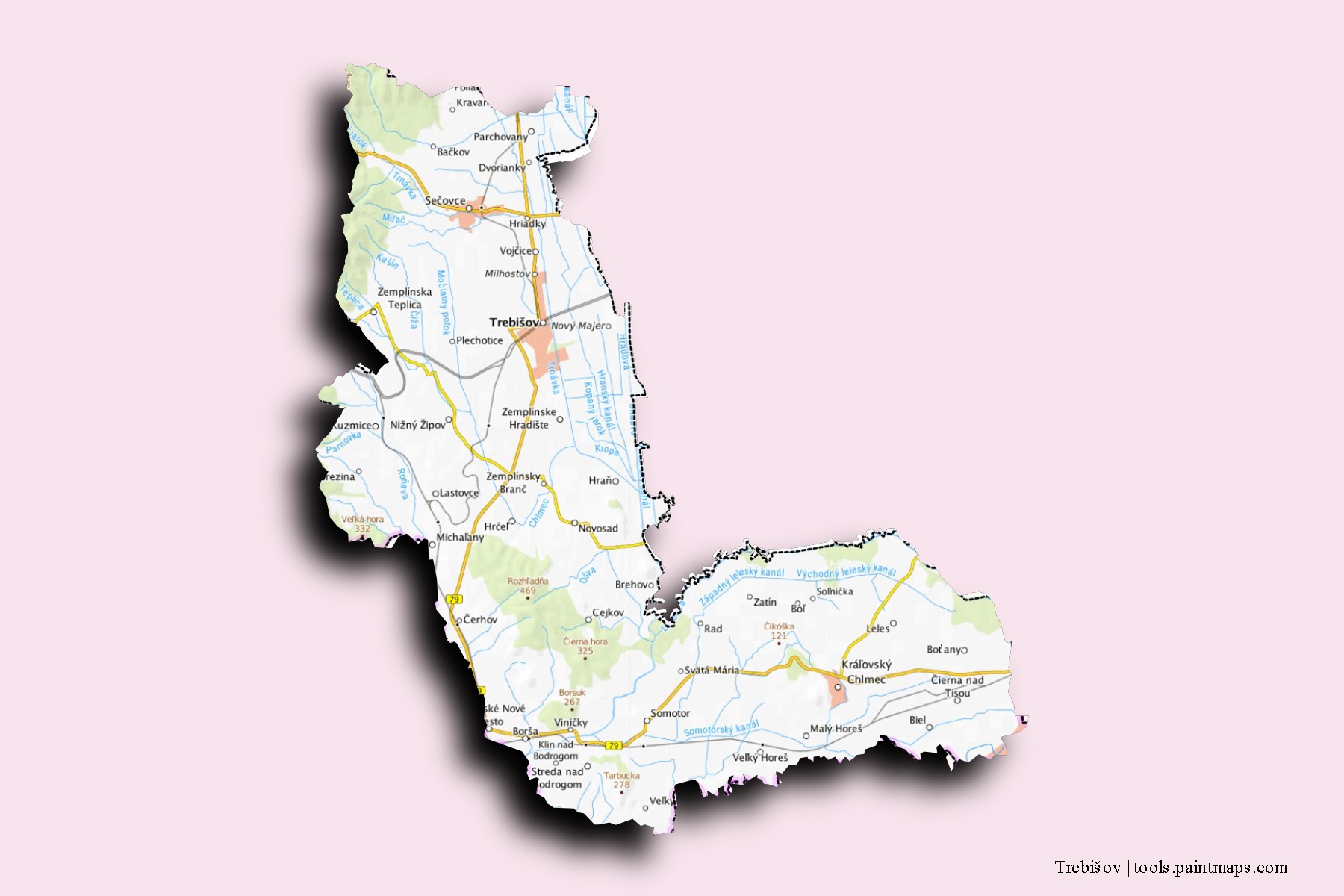 Mapa de barrios y pueblos de Trebišov con efecto de sombra 3D