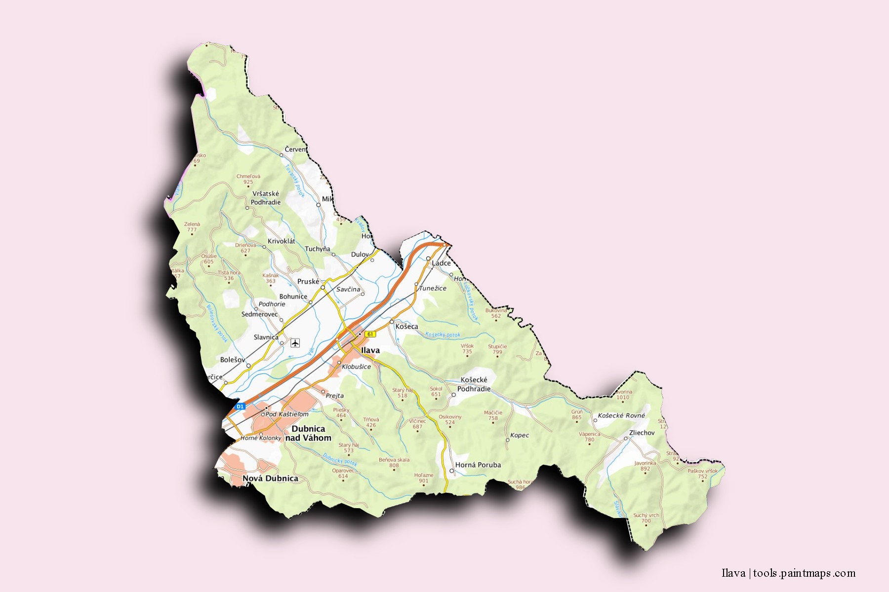 3D gölge efektli Ilava mahalleleri ve köyleri haritası