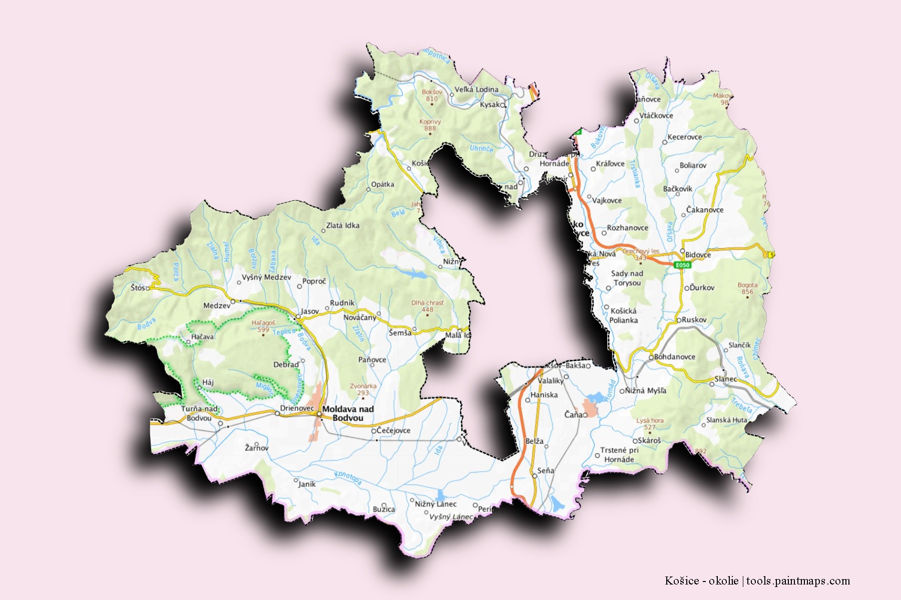 Košice-okolie neighborhoods and villages map with 3D shadow effect