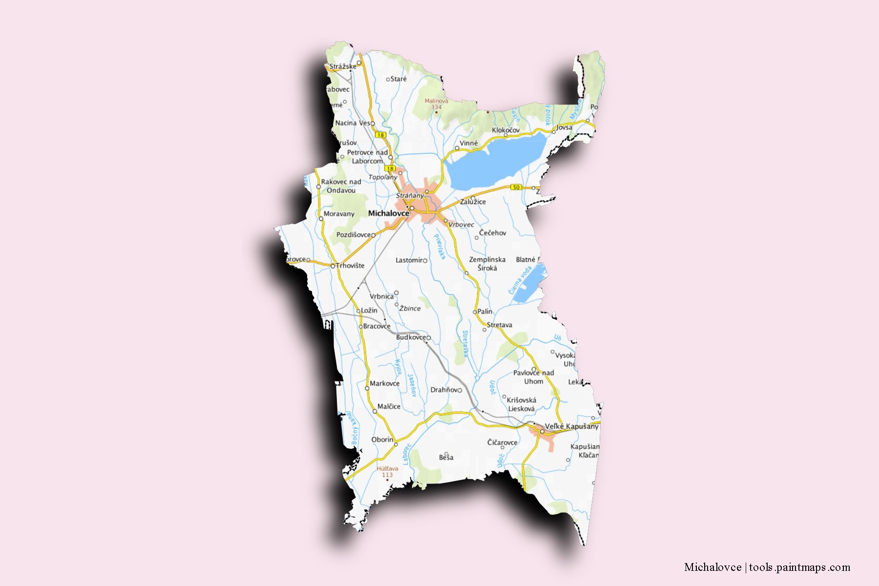 Mapa de barrios y pueblos de Michalovce con efecto de sombra 3D